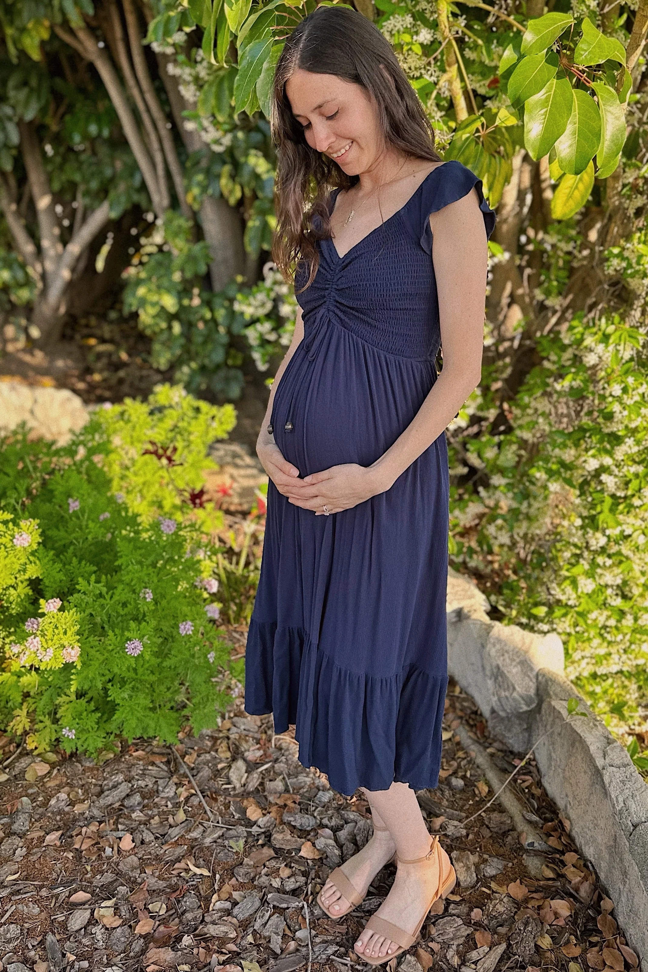 Navy Smocked Ruched Ruffle Hem Maternity Maxi Dress - Image 5