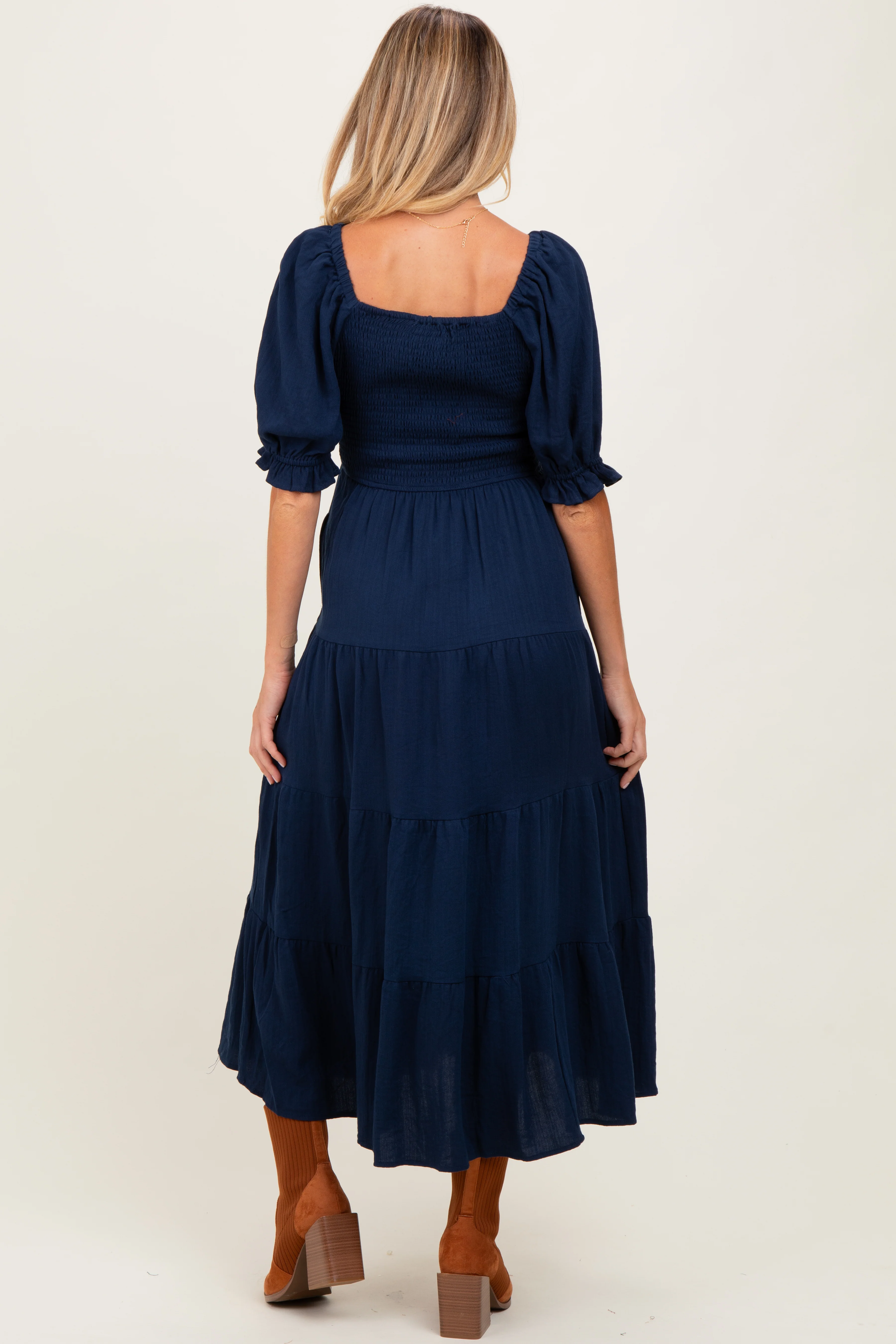 Navy Smocked Tiered Maternity Maxi Dress - Image 4