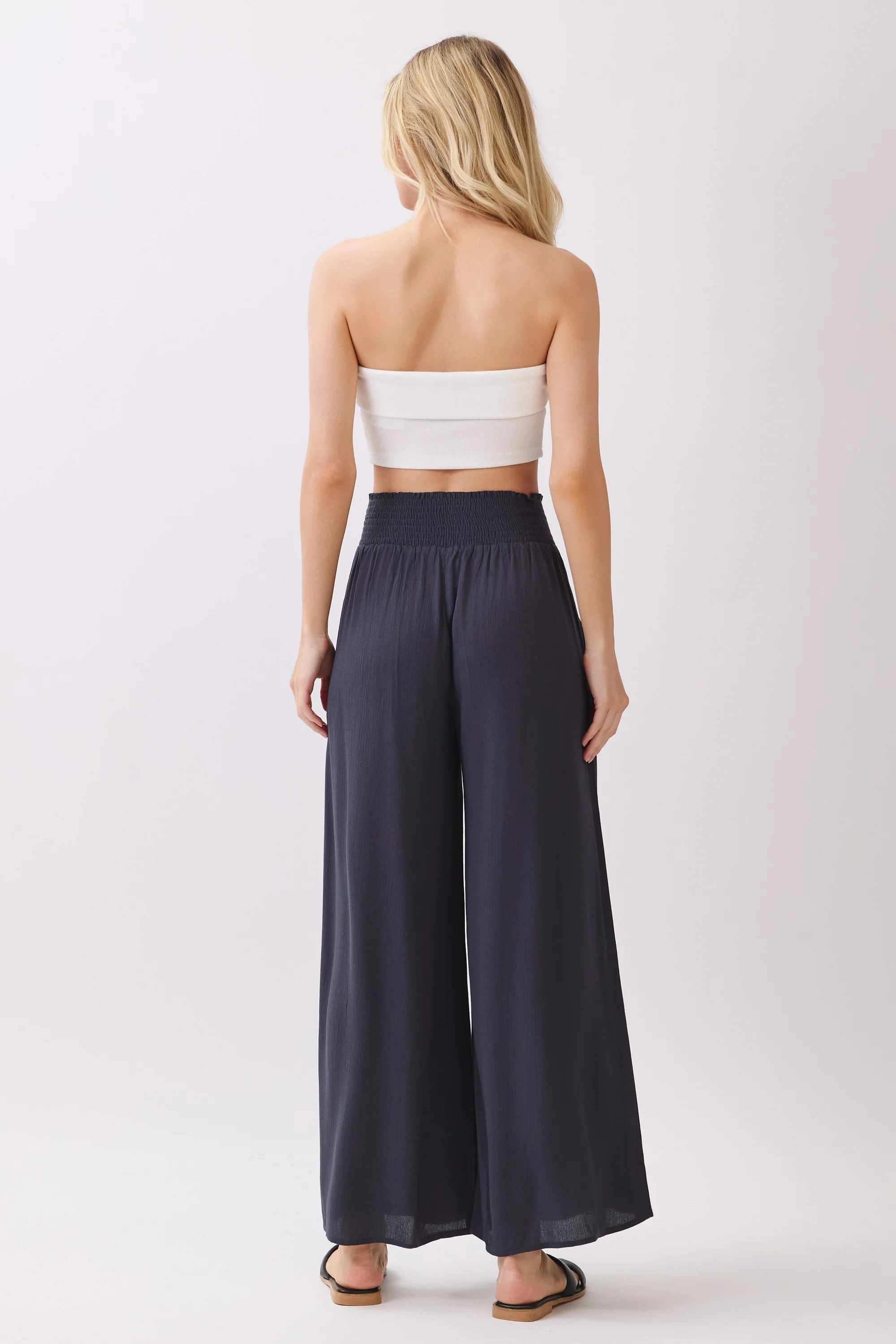 Navy Smocked Waist Ankle Wide Leg Pants - Image 3