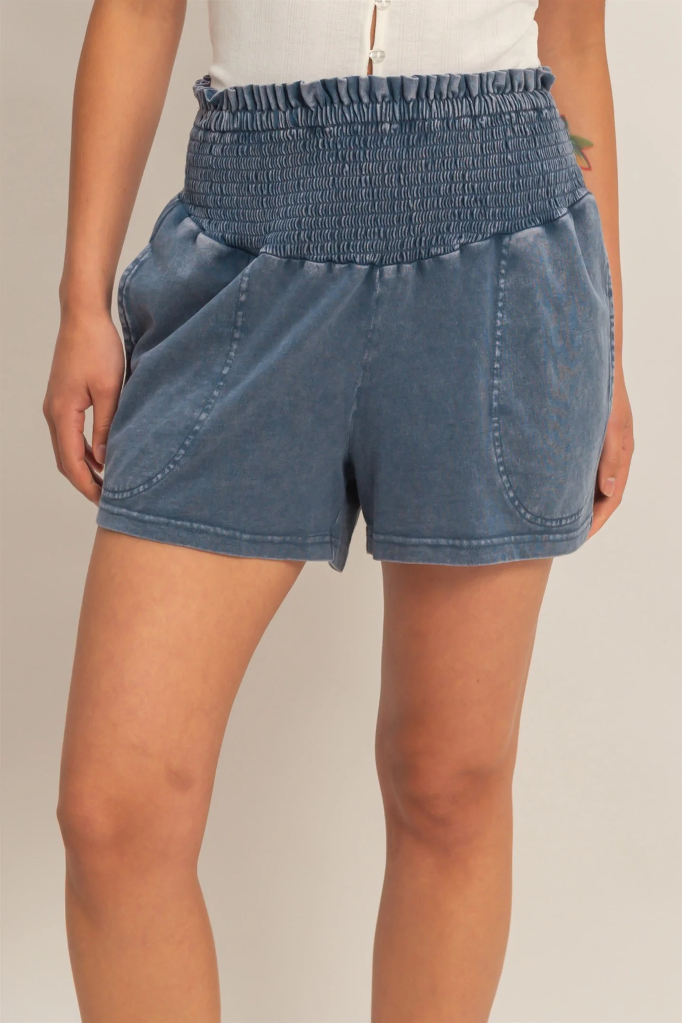 Navy Smocked Waist Mineral Wash Shorts - Image 2