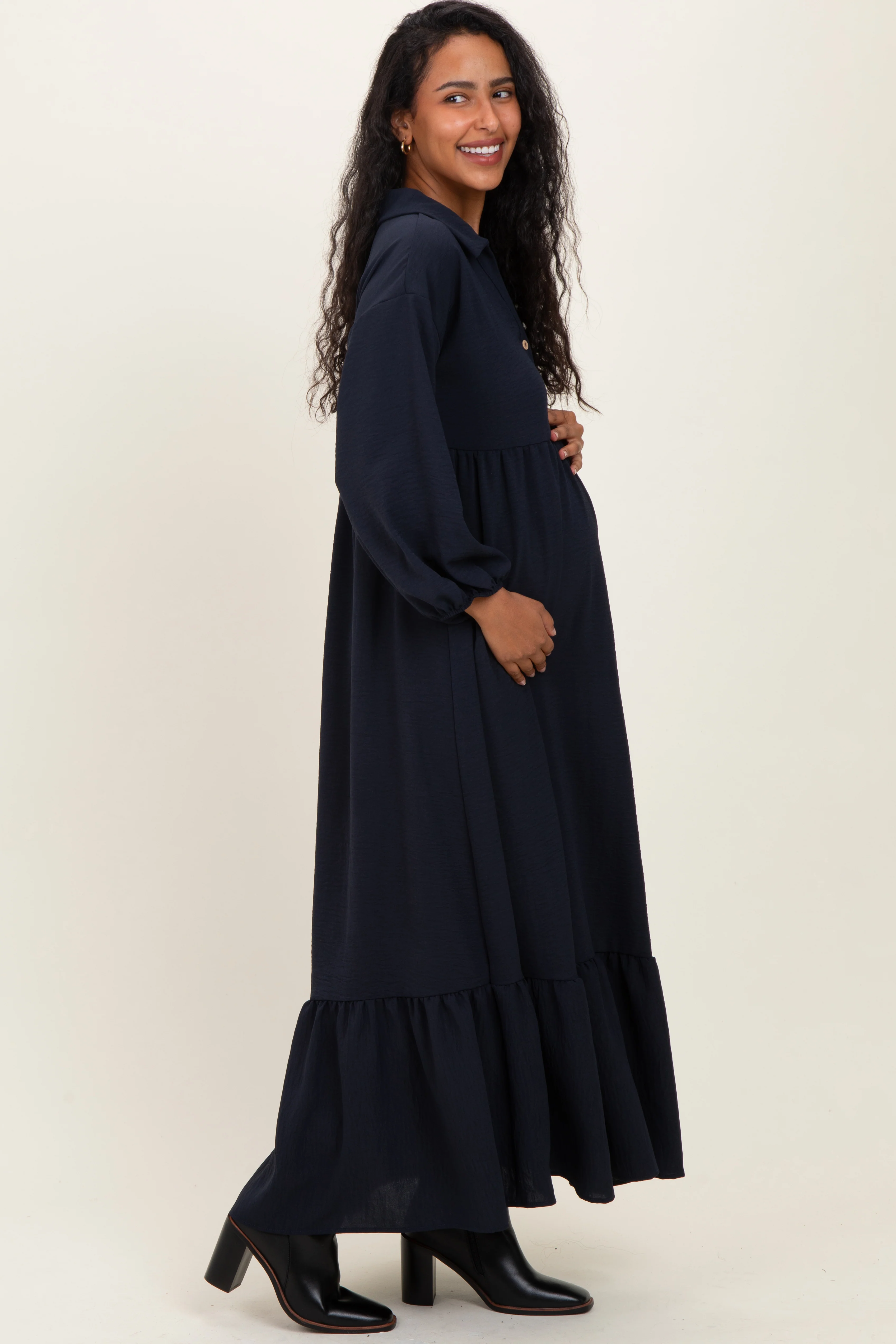 Navy Solid Long Sleeve Button Down Tiered Collared Maternity Dress - Image 3