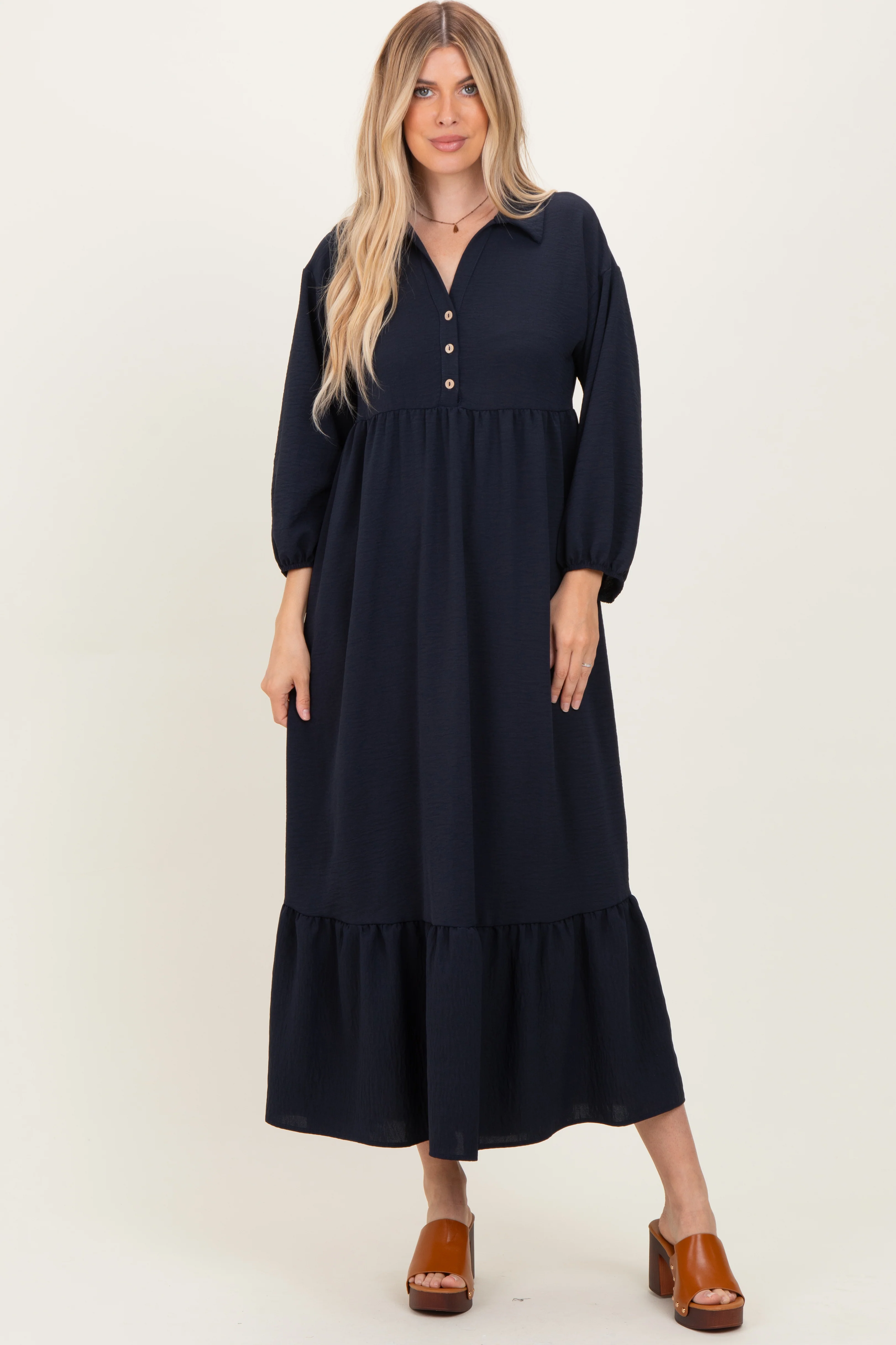 Navy Solid Long Sleeve Button Down Tiered Collared Maternity Dress - Image 5