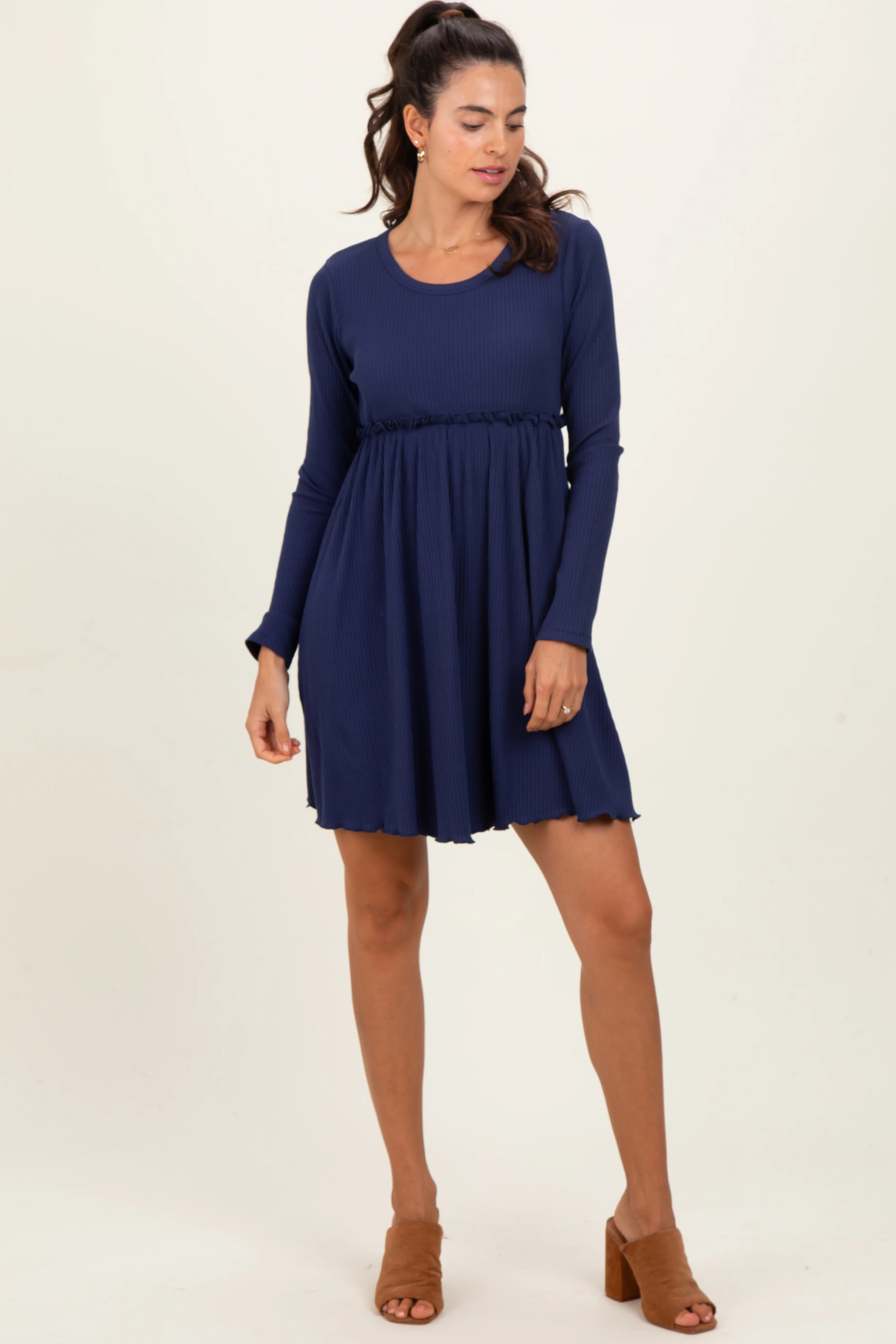 Navy Solid Ribbed Long Sleeve Crewneck Shirring Maternity Mini Dress - Image 5