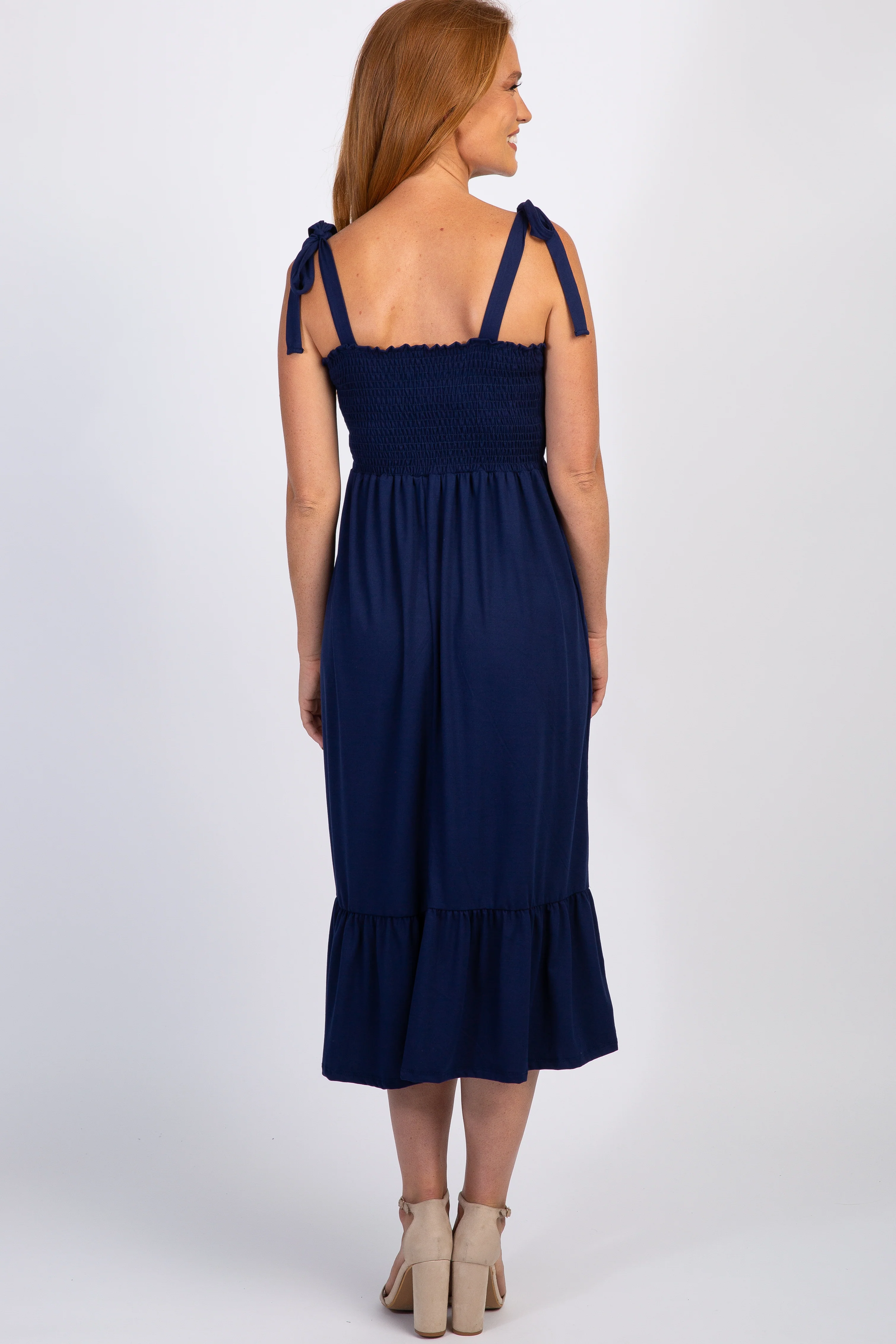 Navy Solid Self-Tie Smocked Midi Dress - Image 3