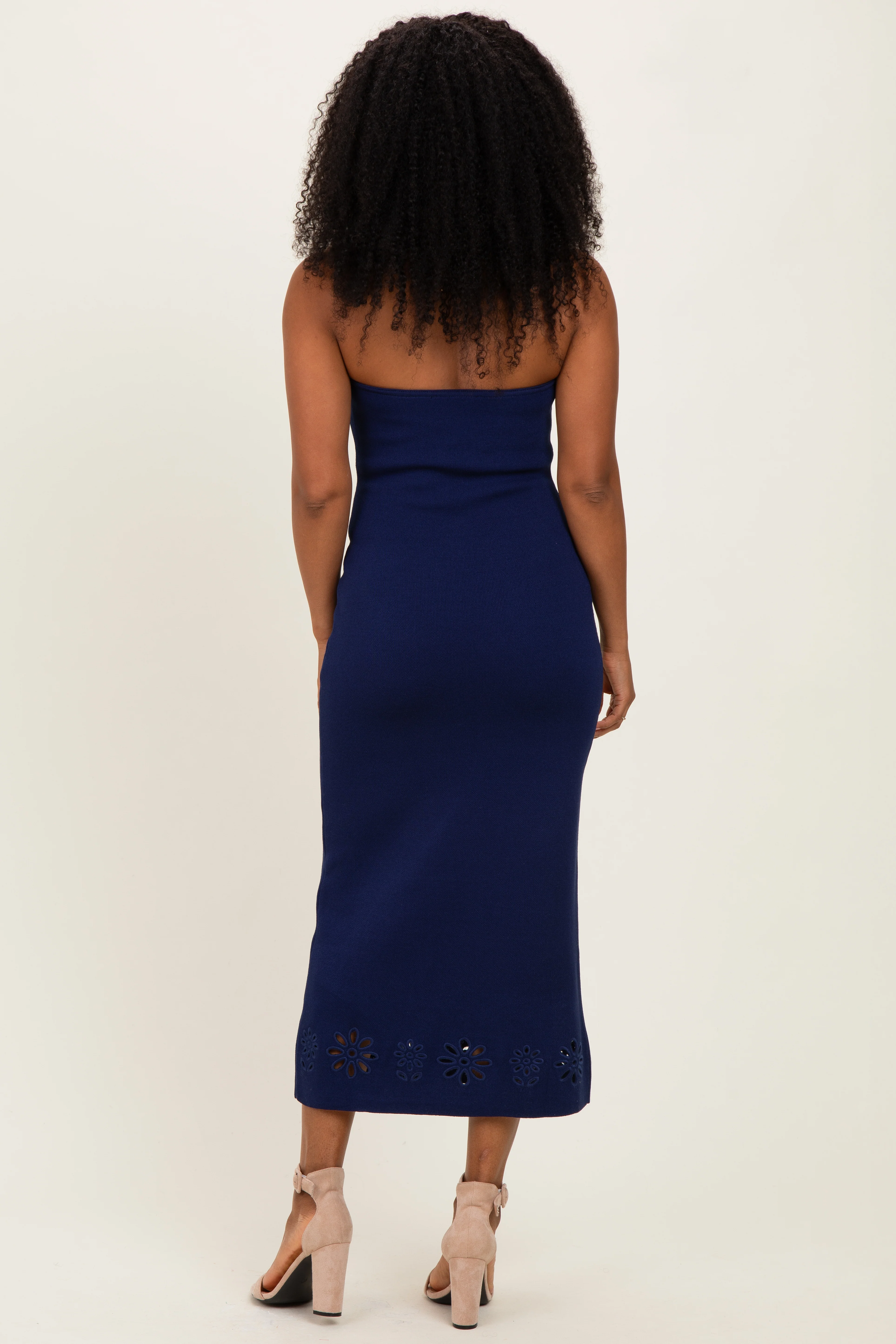 Navy Strapless Laser Cut Lace Floral Detail Dress - Image 3
