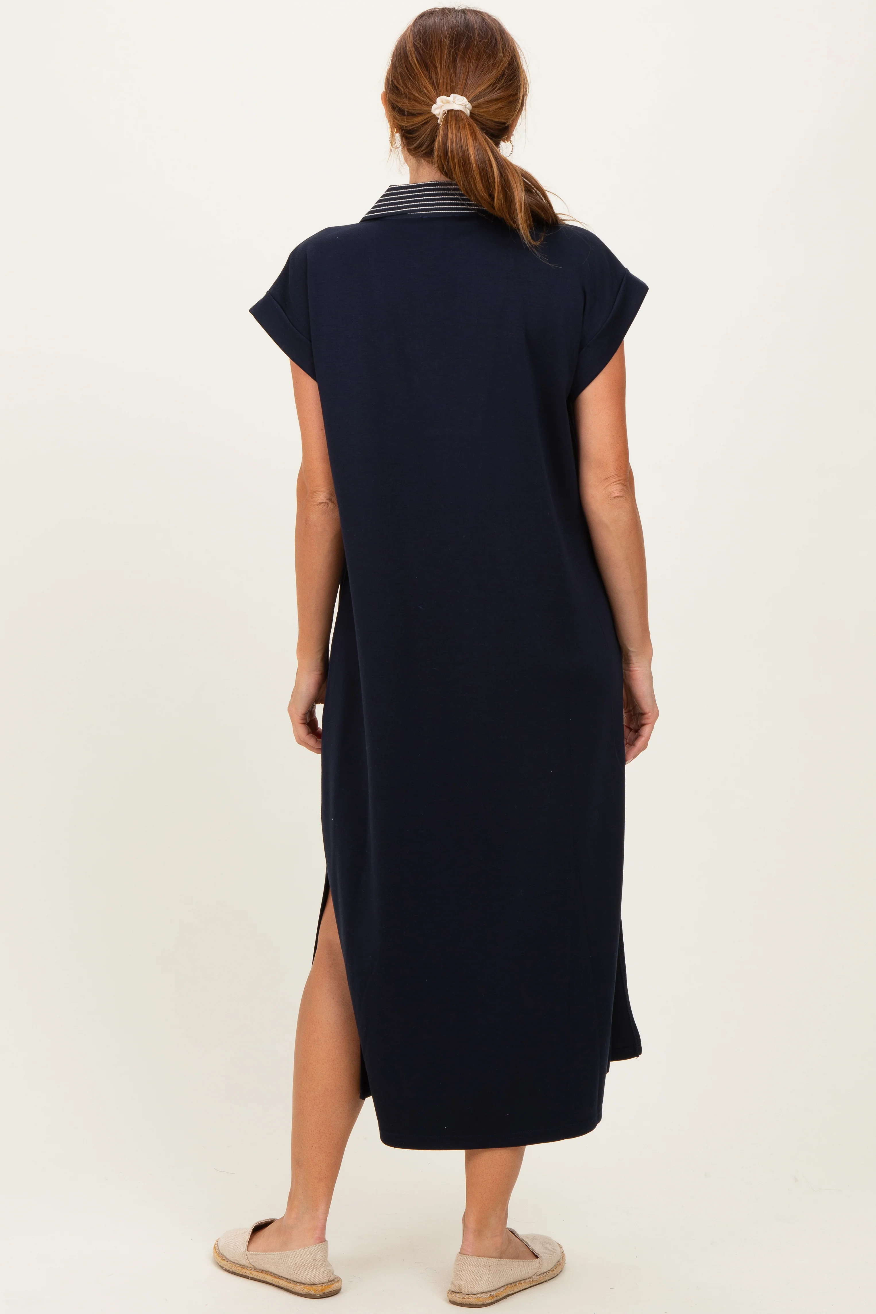 Navy Striped Collared Side Slit Midi Dress - Image 3