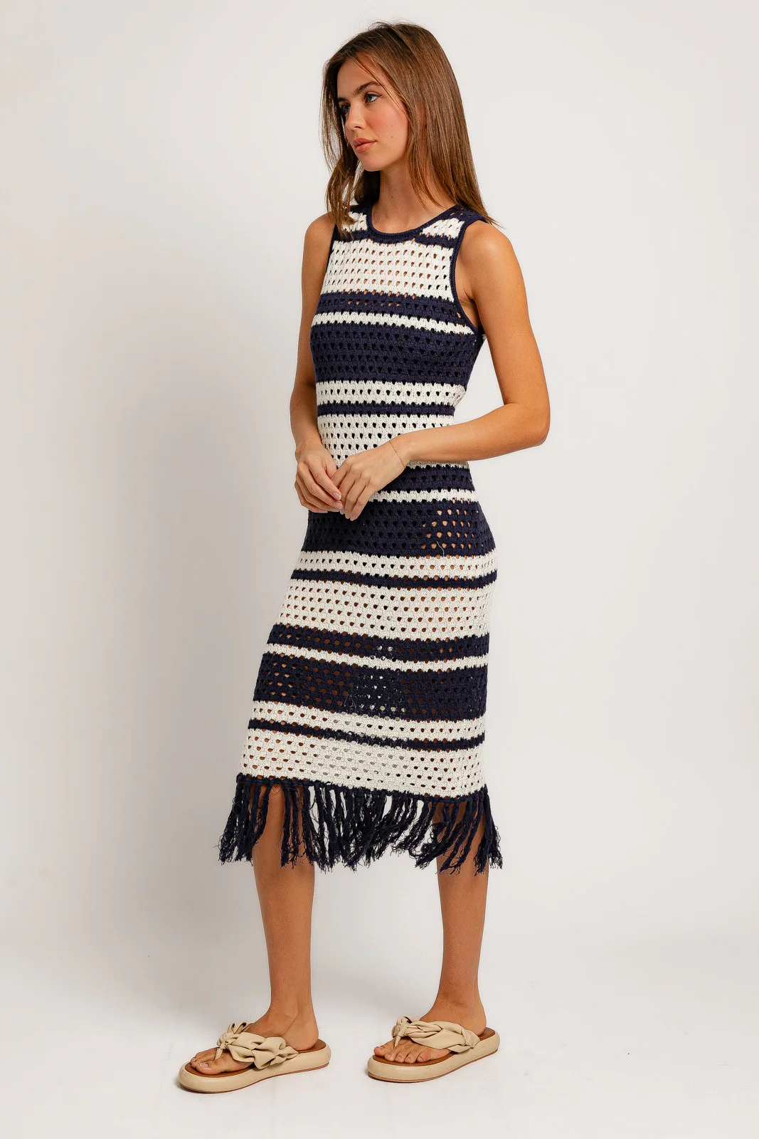 Navy Striped Crochet Fringe Coverup Dress - Image 2