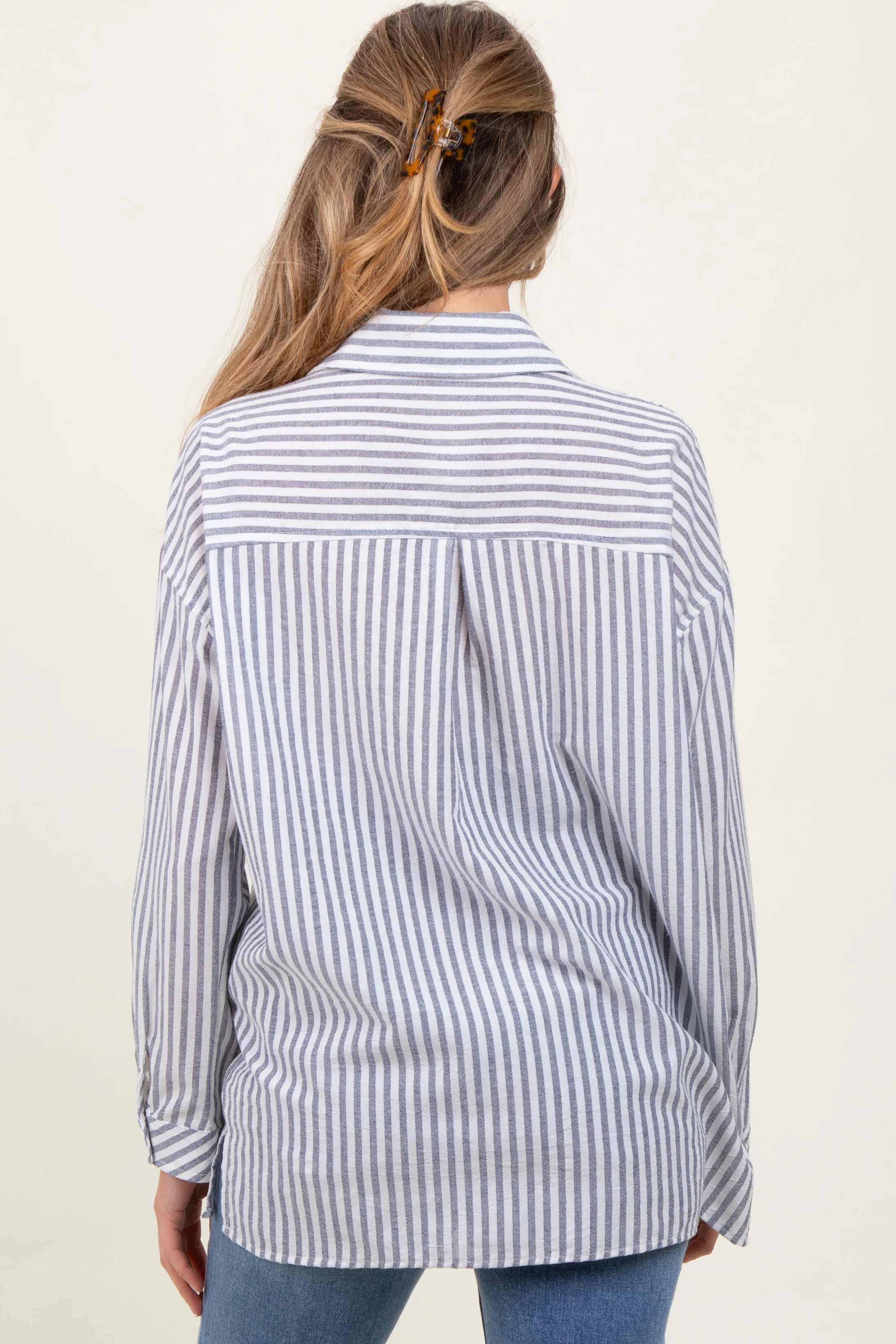 Navy Striped Double Pocket Maternity Button Down Top - Image 4