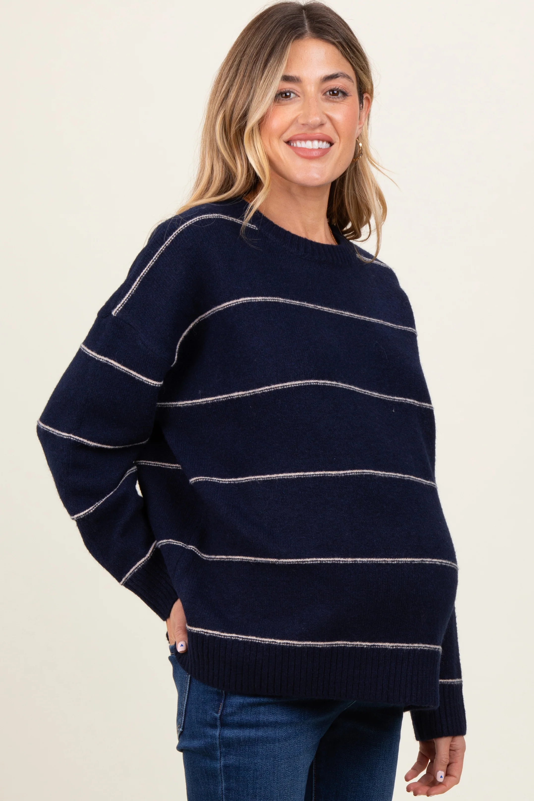 Navy Striped Drop Shoulder Maternity Sweater - Image 3