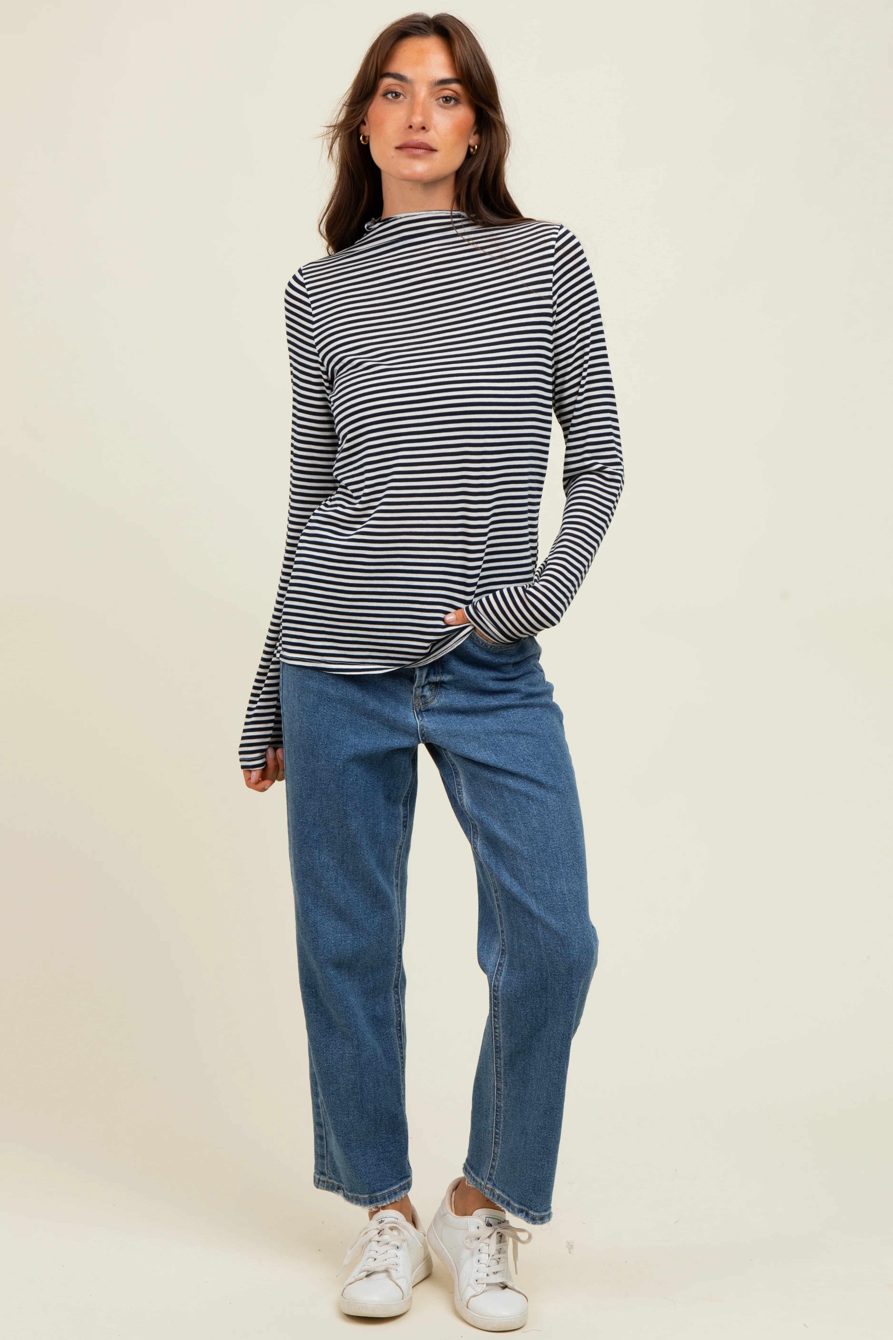 Navy Striped High Neck Long Sleeve Top - Image 2