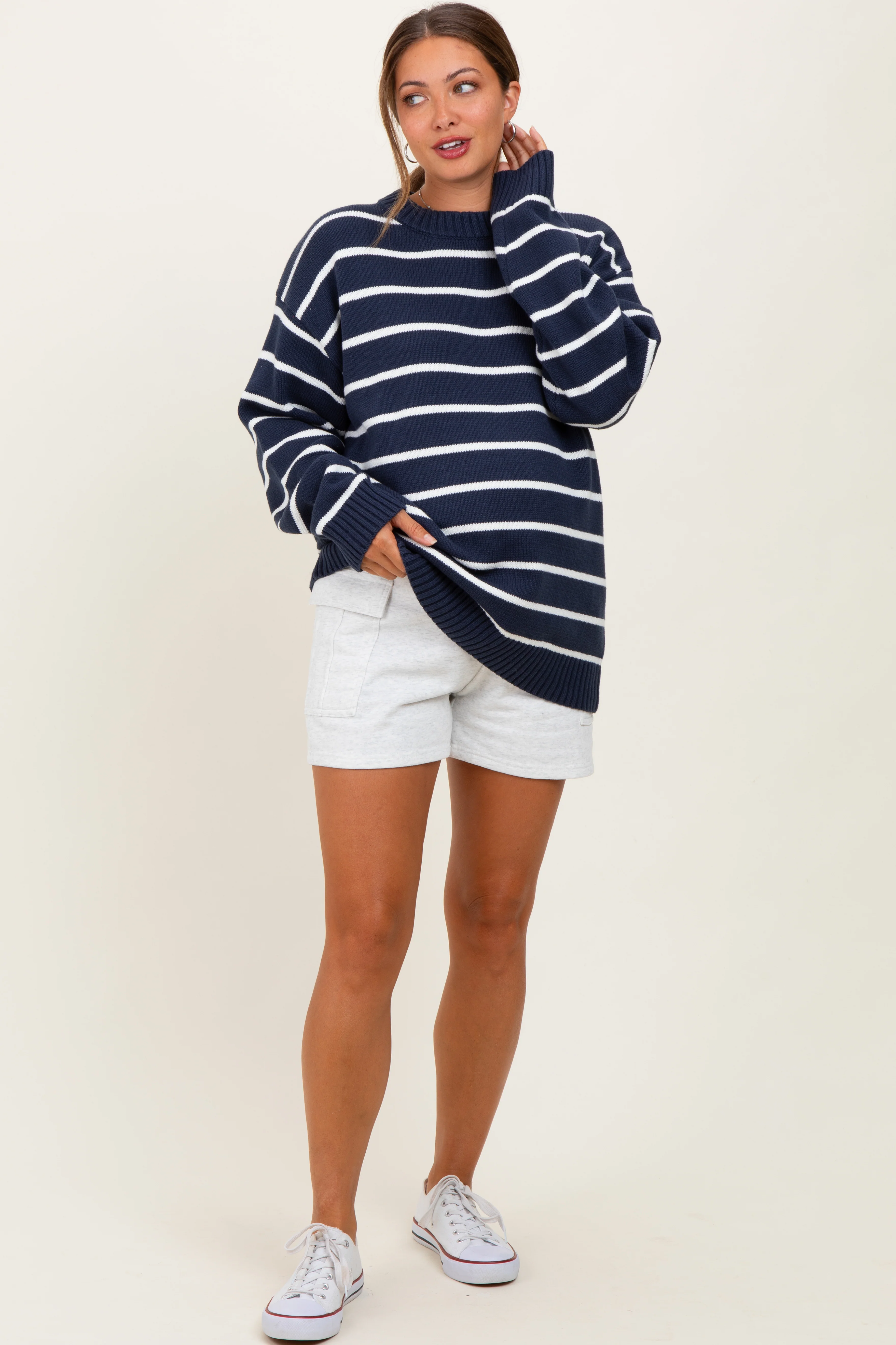 Navy Striped Oversized Maternity Sweater - Image 3