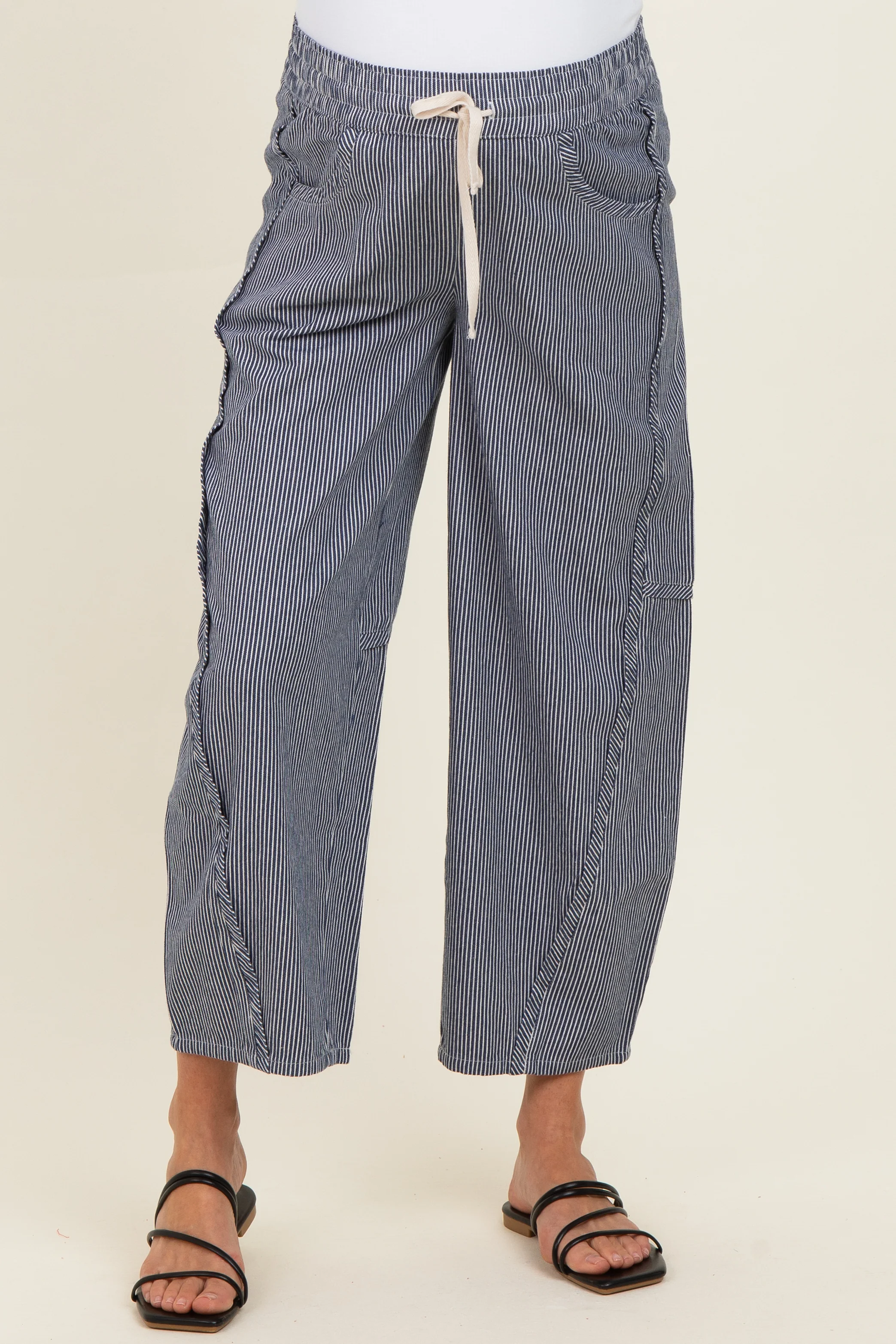 Navy Striped Relaxed Fit Maternity Pants - Image 3