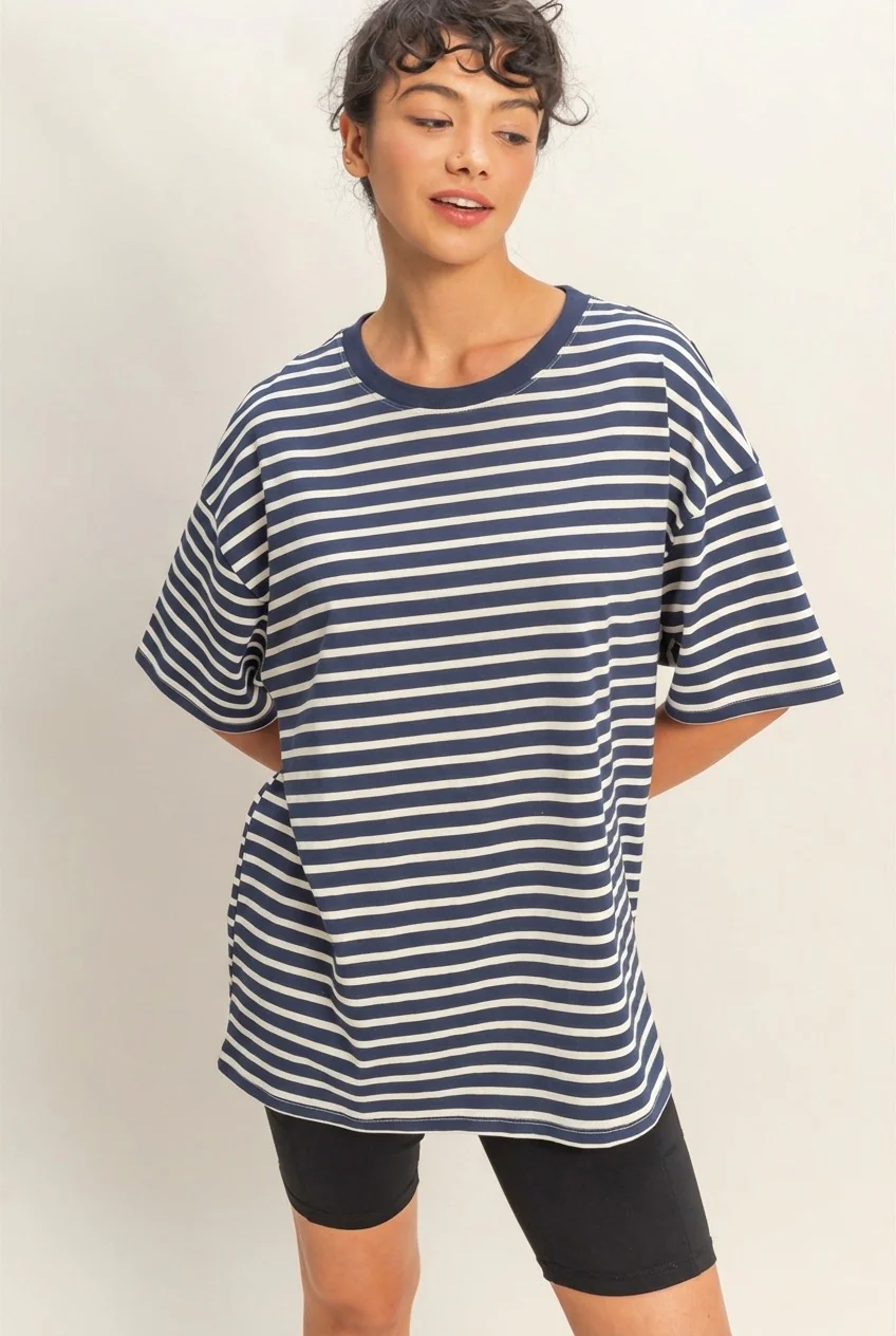 Navy Striped Short Sleeve Crew Neck Oversized Cotton Maternity Top - Image 5