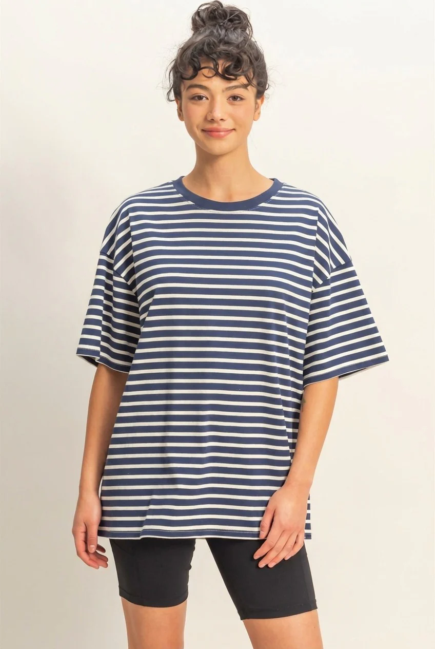 Navy Striped Short Sleeve Crew Neck Oversized Cotton Top - Image 5
