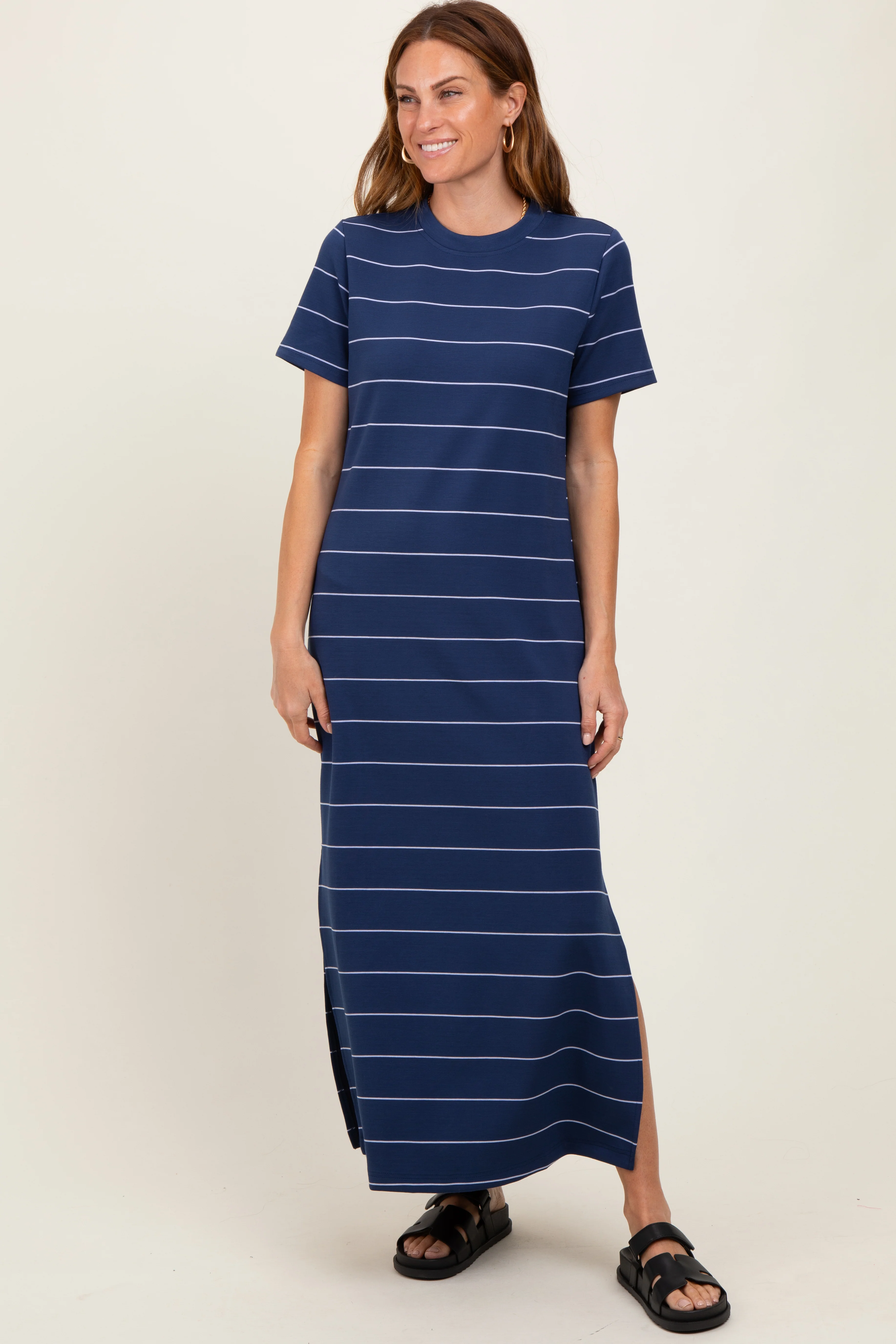 Navy Striped Short Sleeve Side Slit Maternity Midi Dress - Image 5