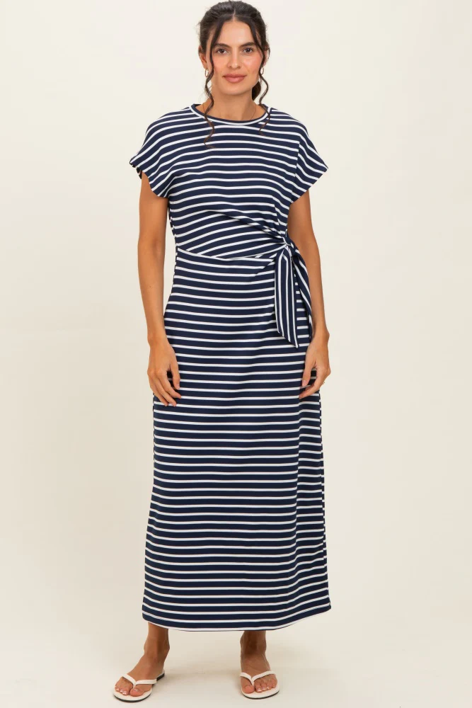 Navy Striped Side Tie Maternity Midi Dress - Image 5