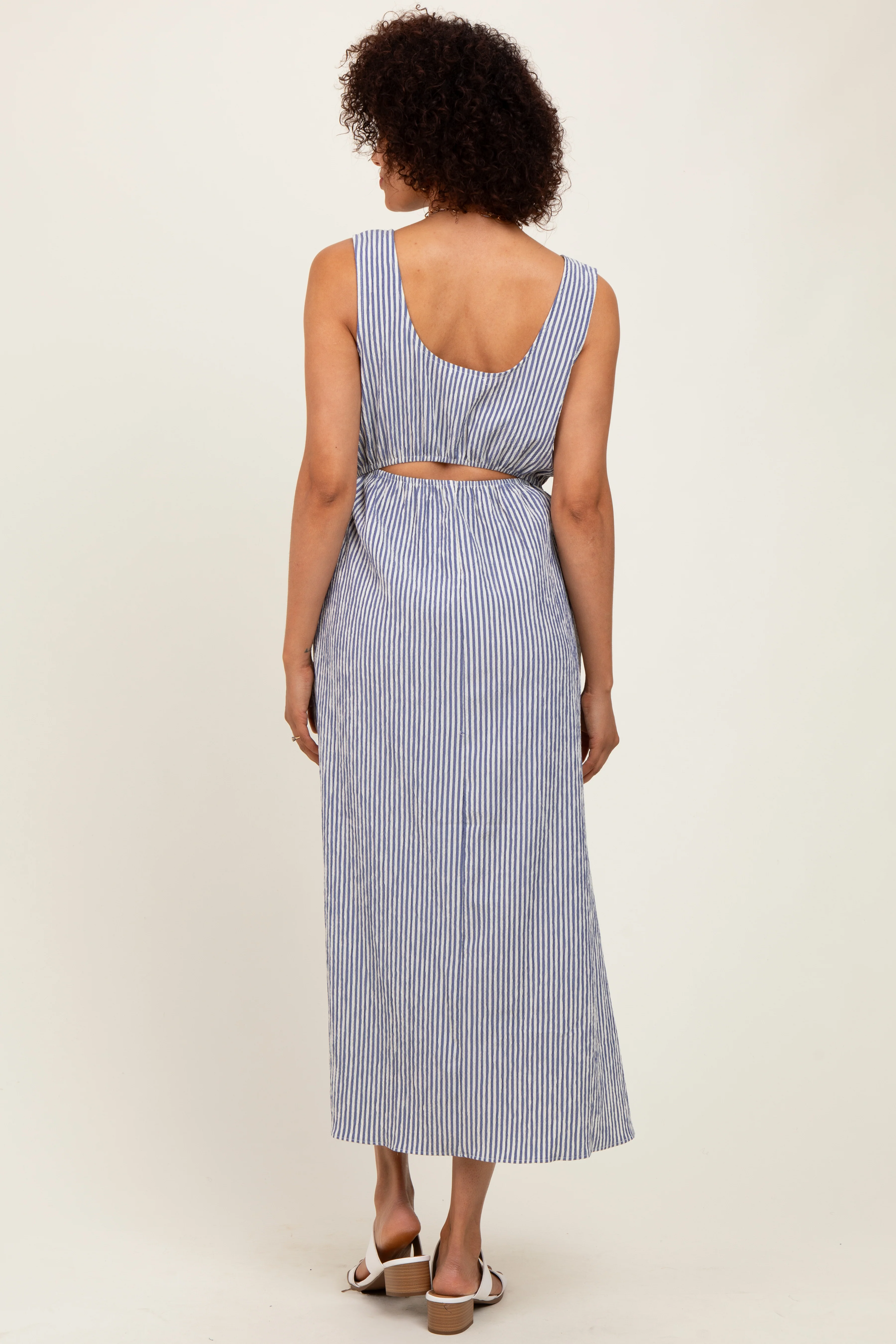 Navy Striped Sleeveless Cutout Side Slit Maxi Dress - Image 4