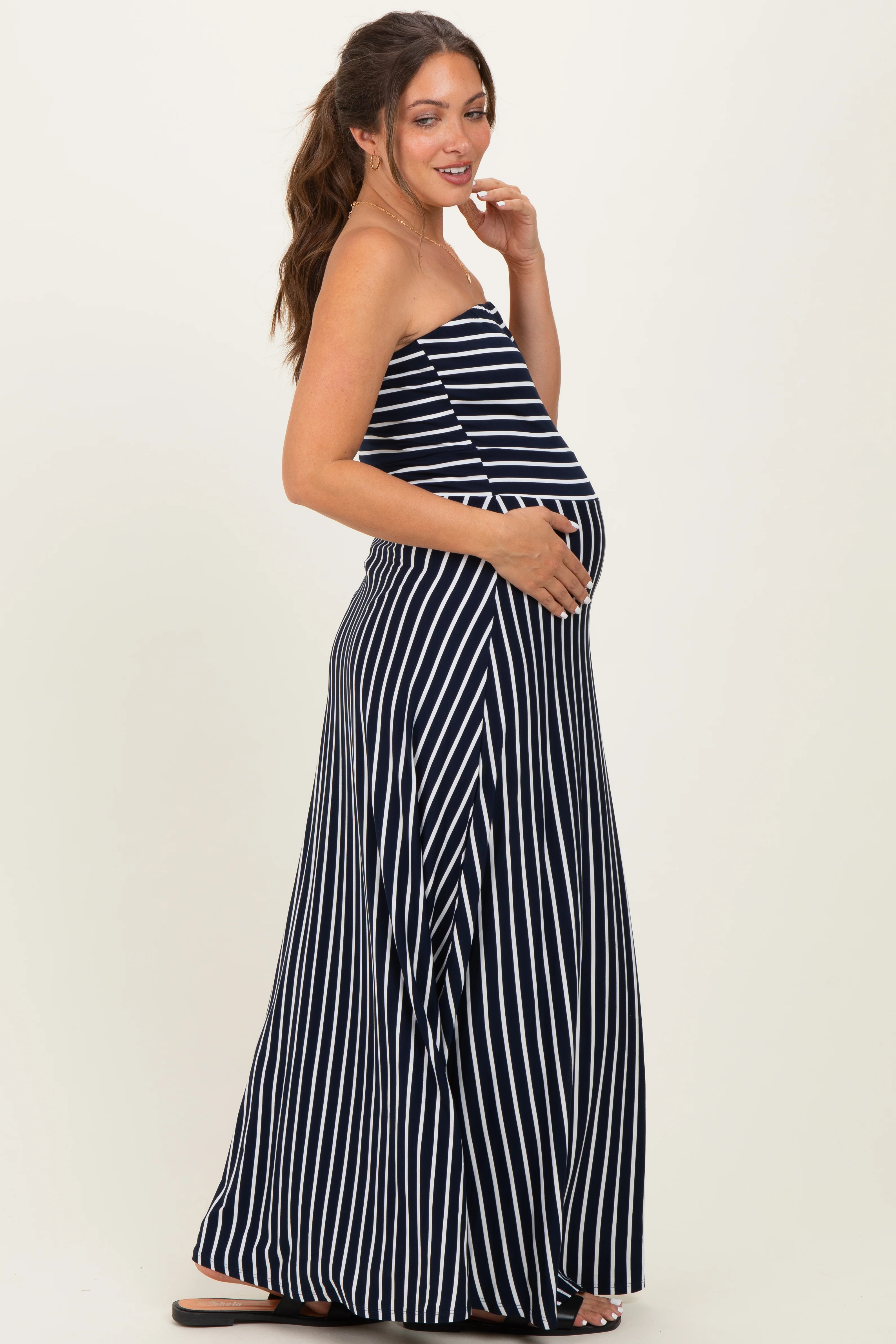 Navy Striped Strapless Maternity Maxi Dress - Image 3