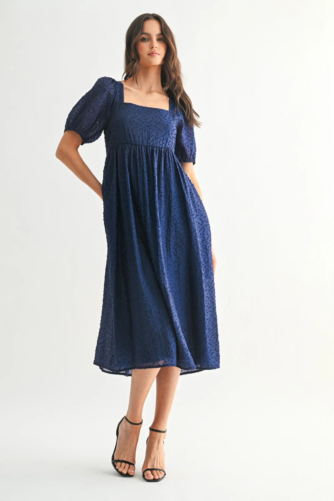 Navy Swiss Dot Puff Sleeve Midi Dress