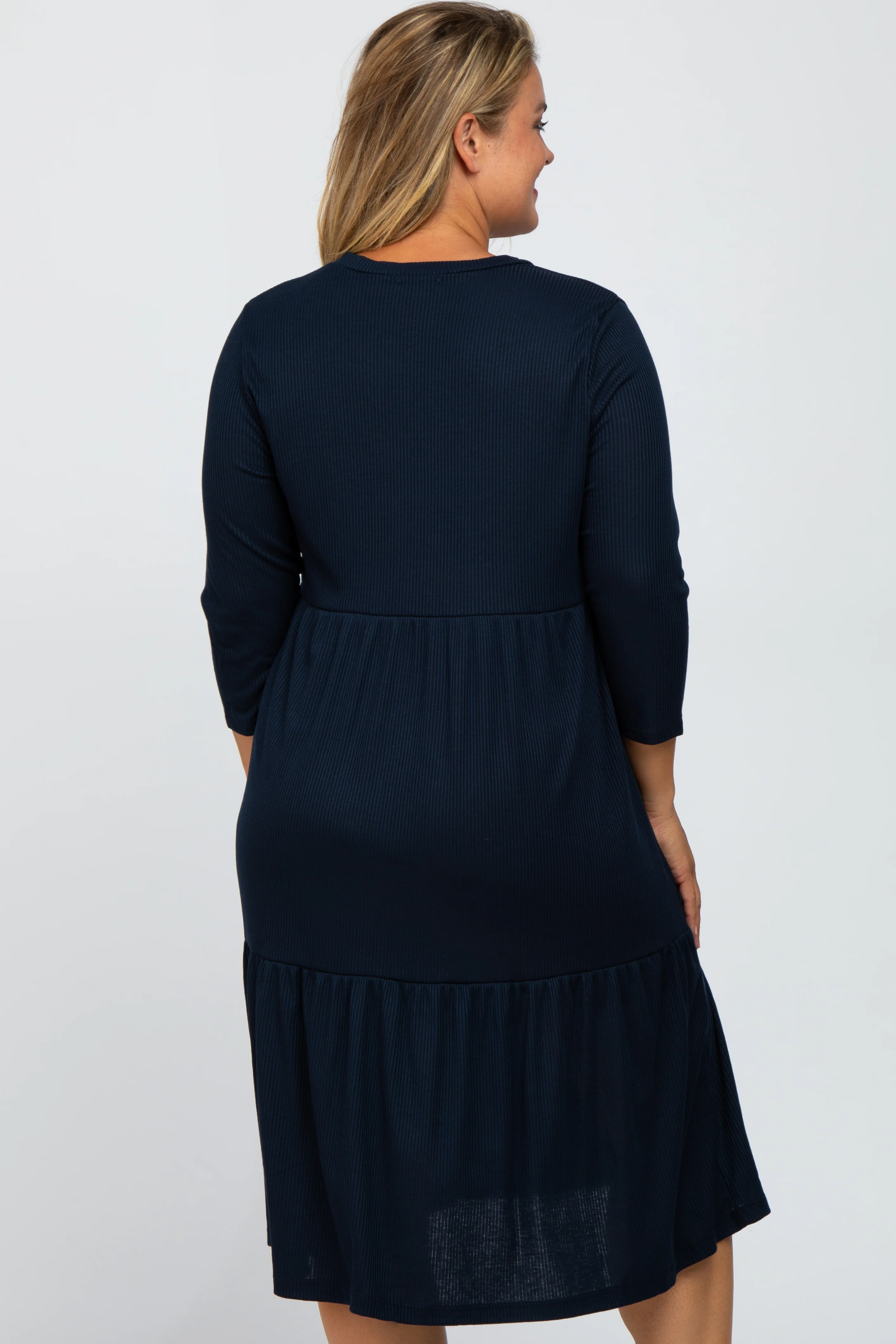 Navy Tiered Ribbed 3/4 Sleeve Plus Maternity Midi Dress - Image 4