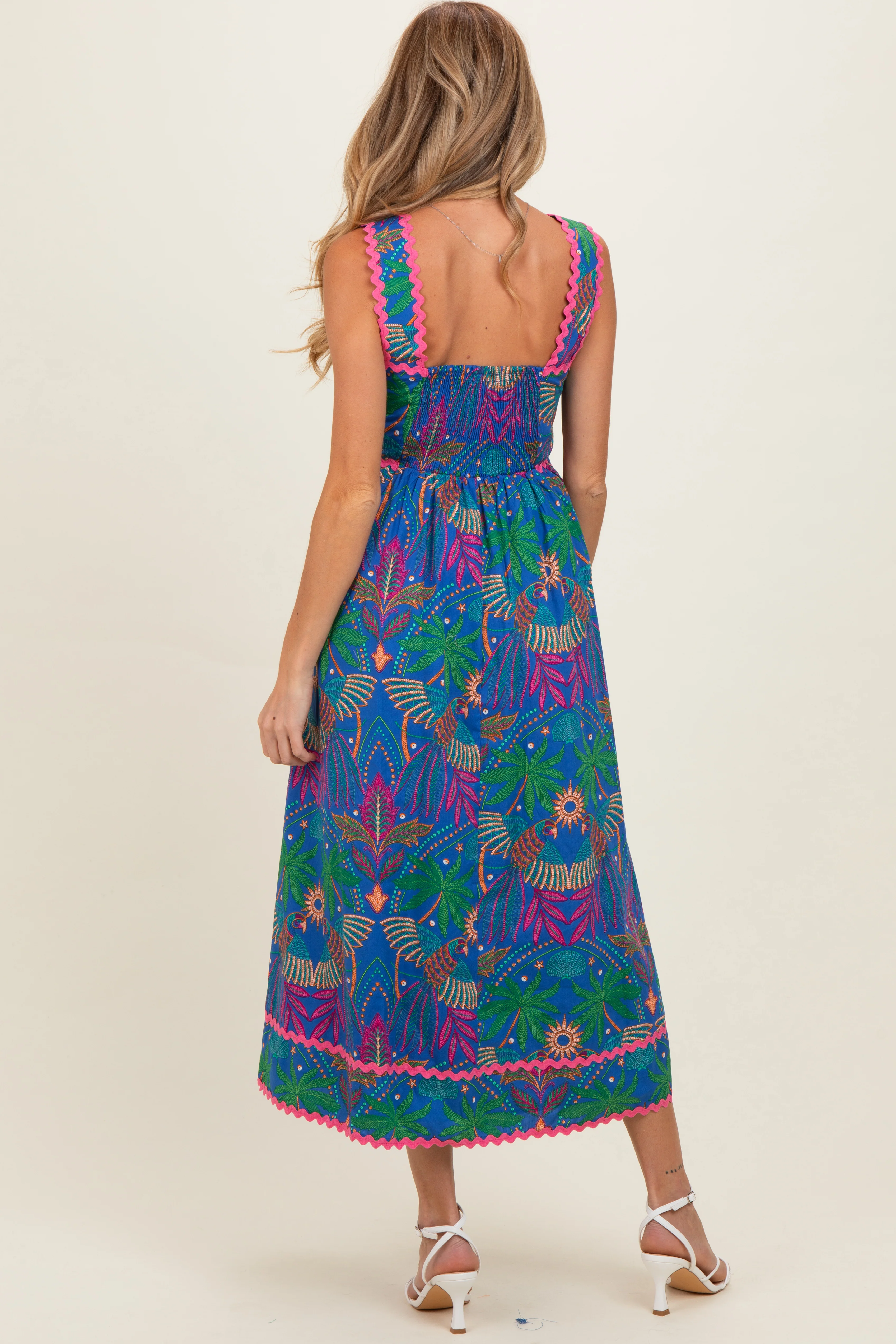 Navy Tropical Embroidery Maternity Midi Dress - Image 3