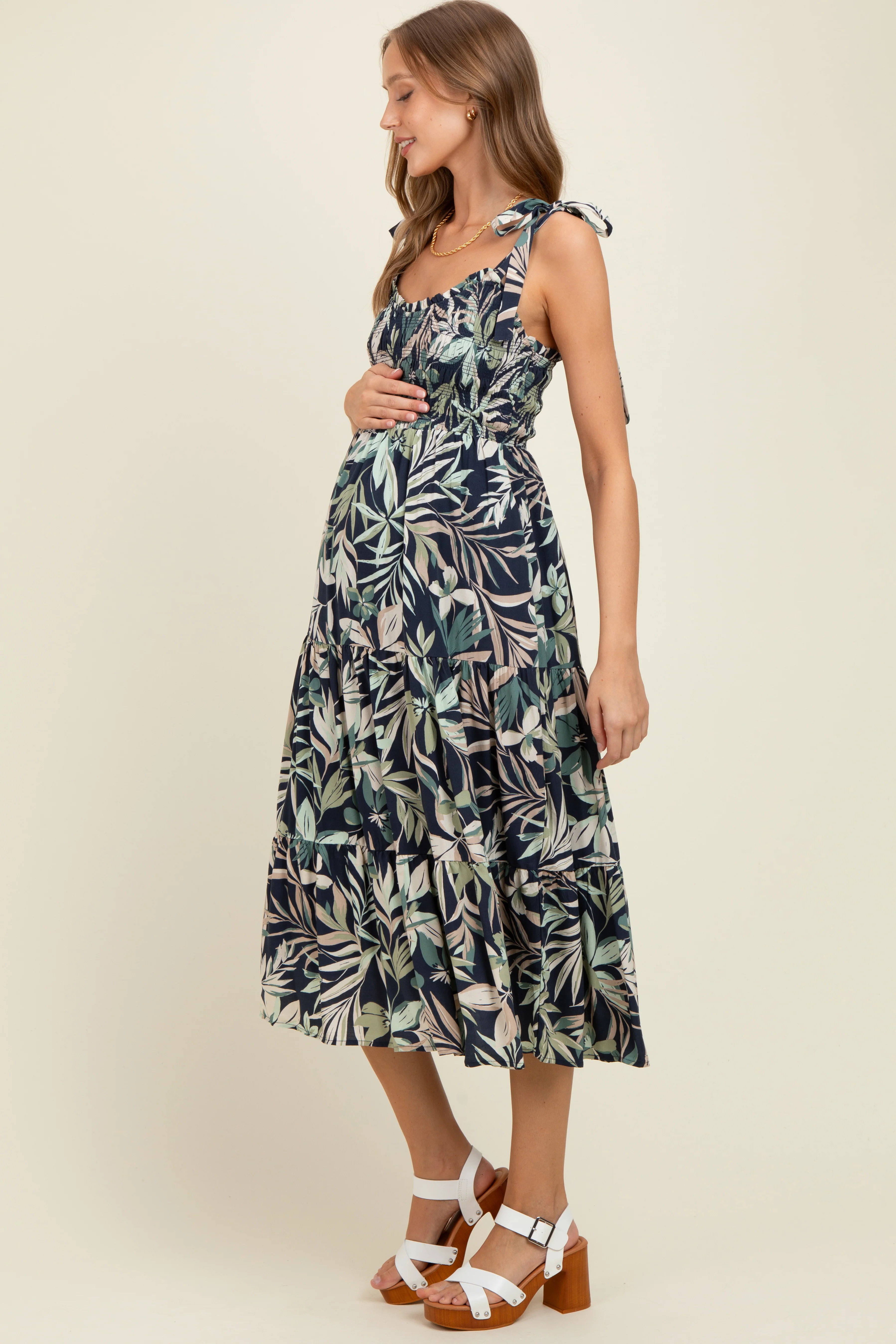 Navy Tropical Print Smocked Shoulder Tie Maternity Midi Dress - Image 3