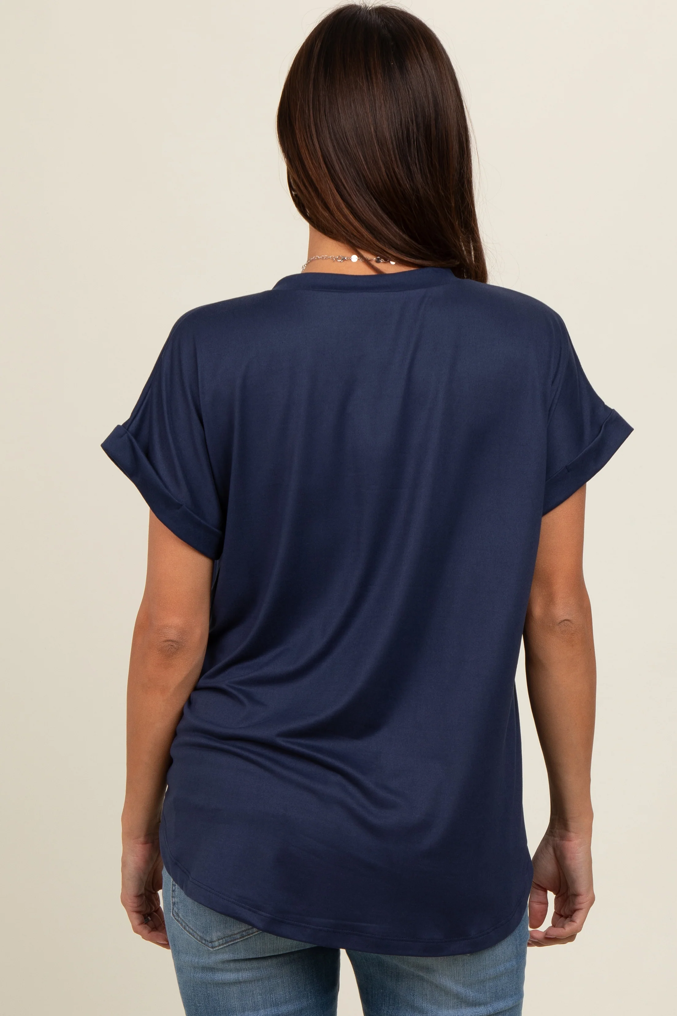 Navy V-Neck Pocket Short Sleeve Maternity Shirt - Image 3
