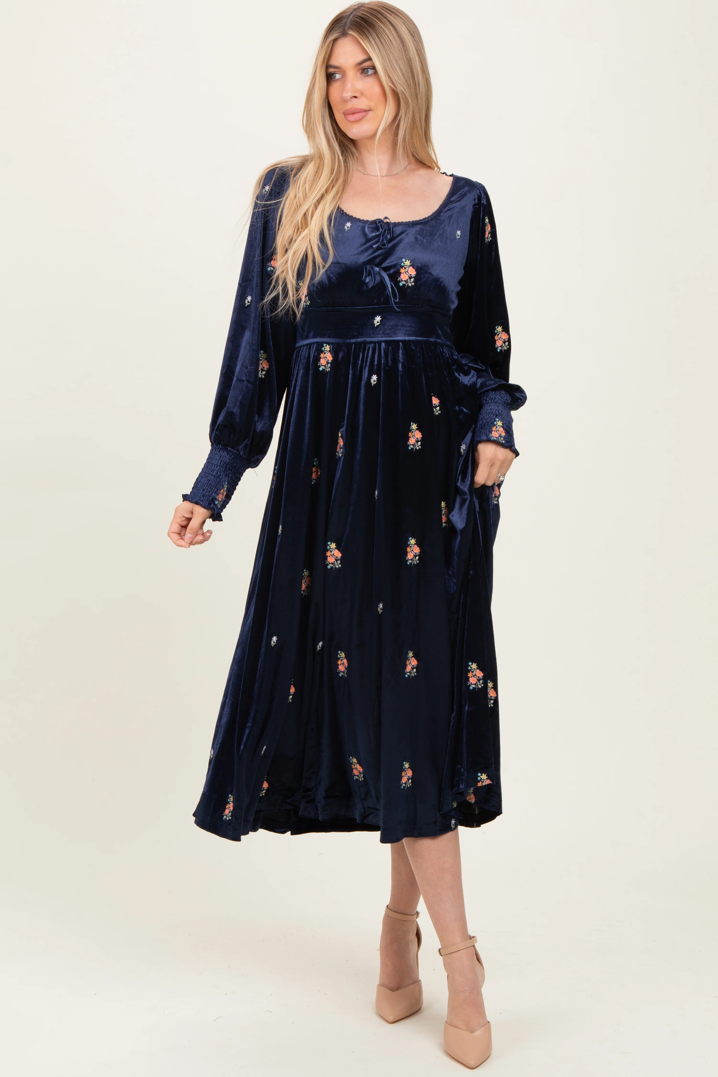 Navy Velvet Embroidered Floral Maternity Midi Dress - Image 4