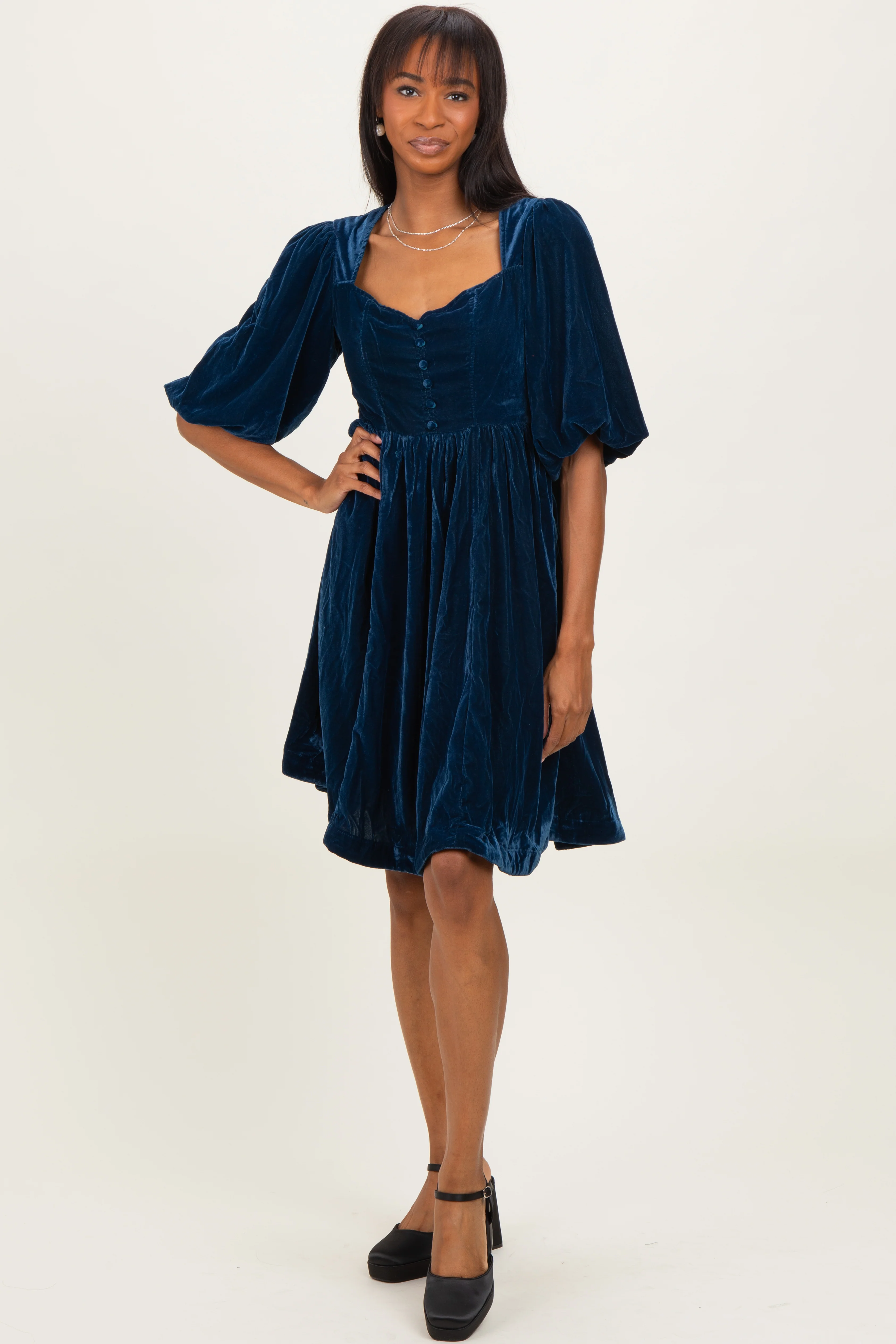 Navy Velvet Sweetheart Button Accent Dress - Image 2
