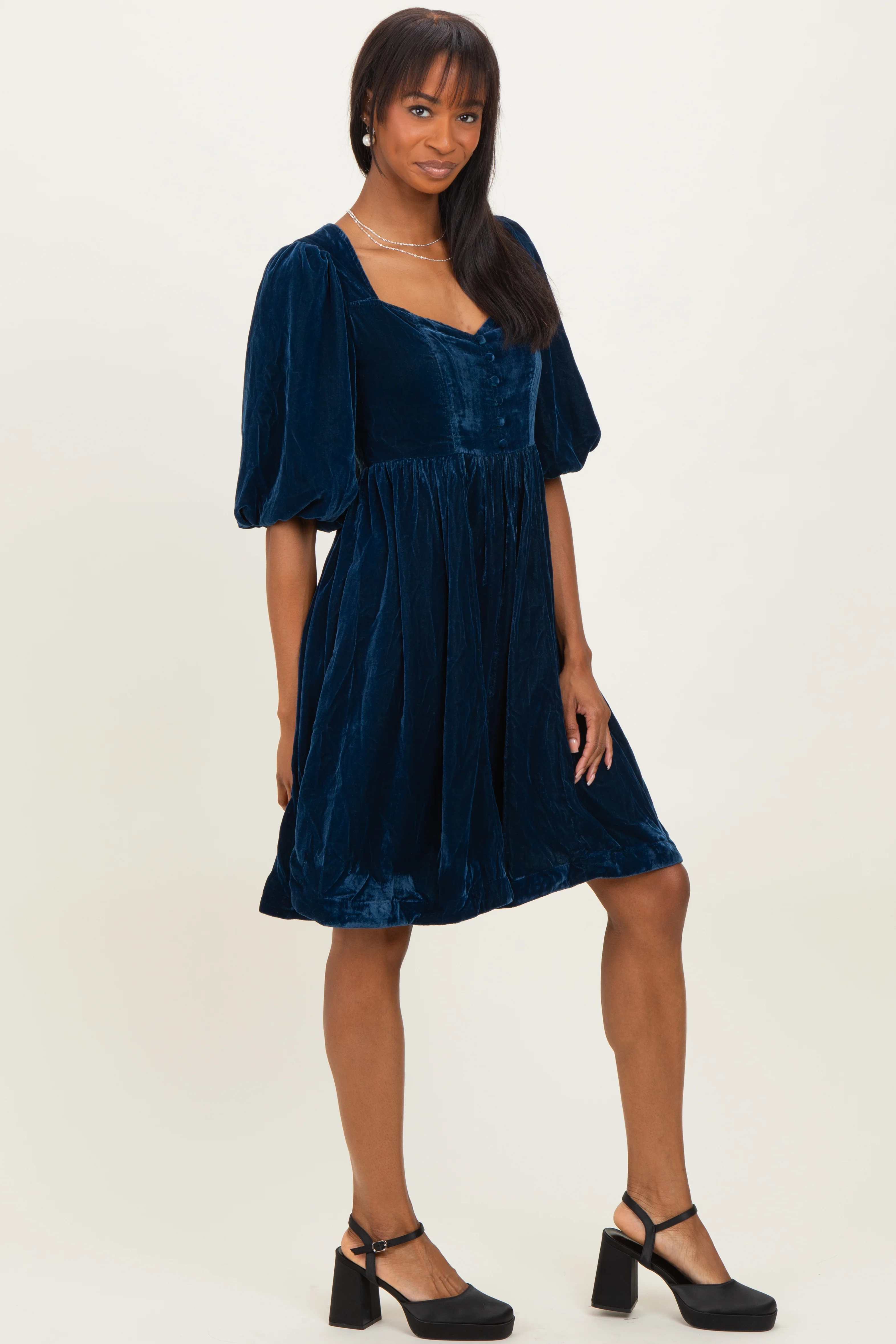 Navy Velvet Sweetheart Button Accent Dress - Image 3