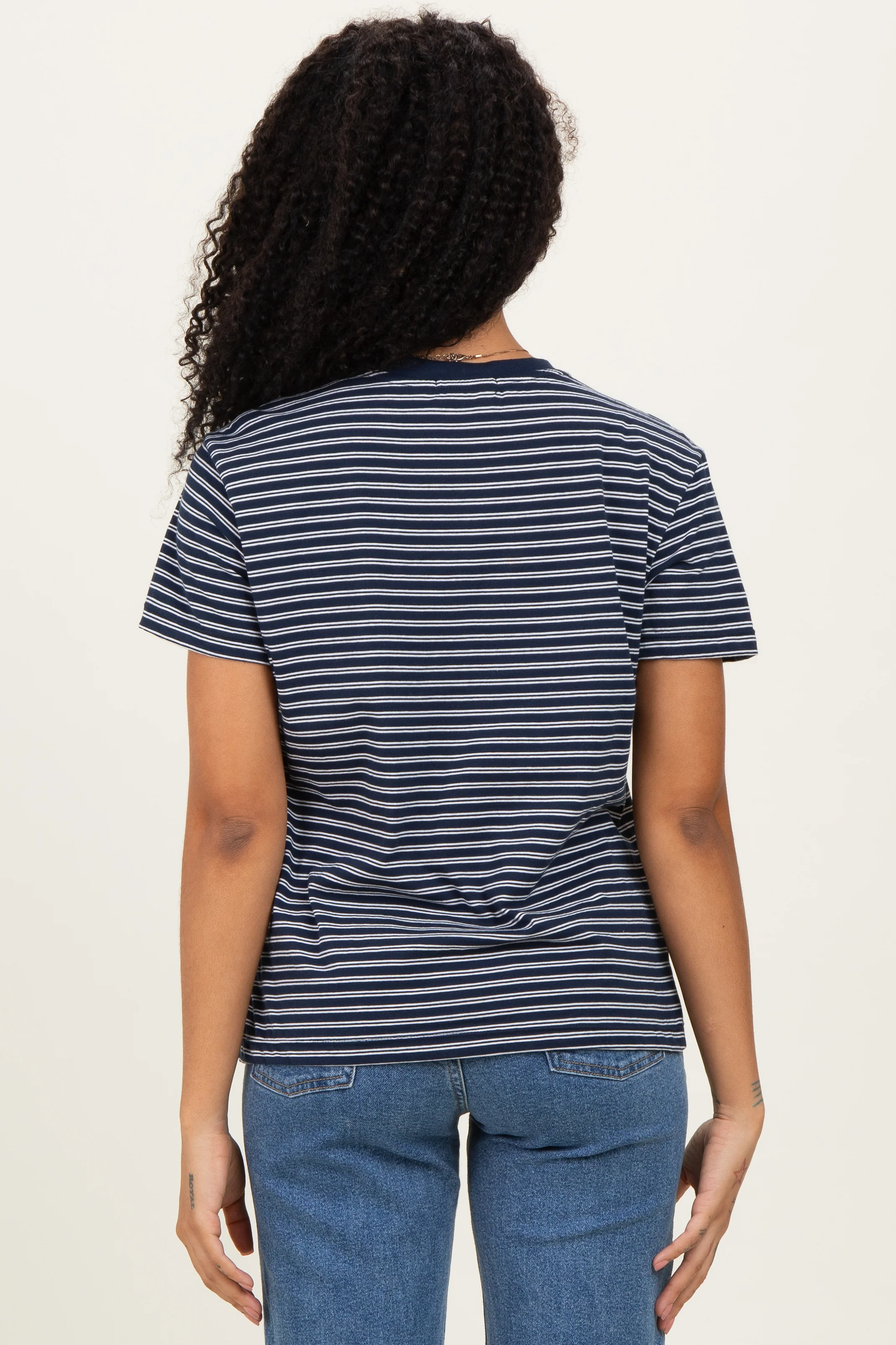Navy/White Short Sleeve Round Neck Stripe Tee - Image 4