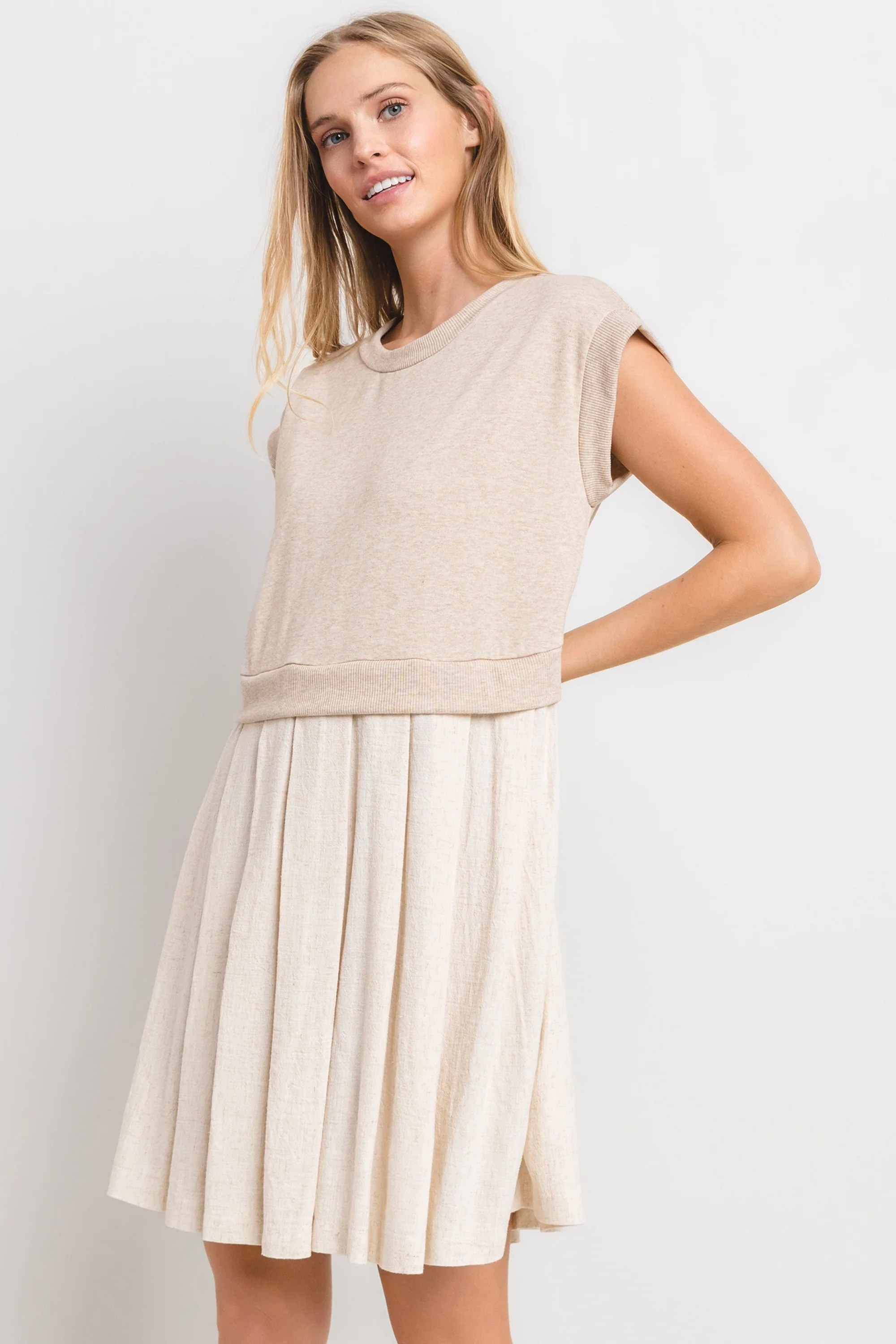Oatmeal Contrast Pleated Mini Dress - Image 3