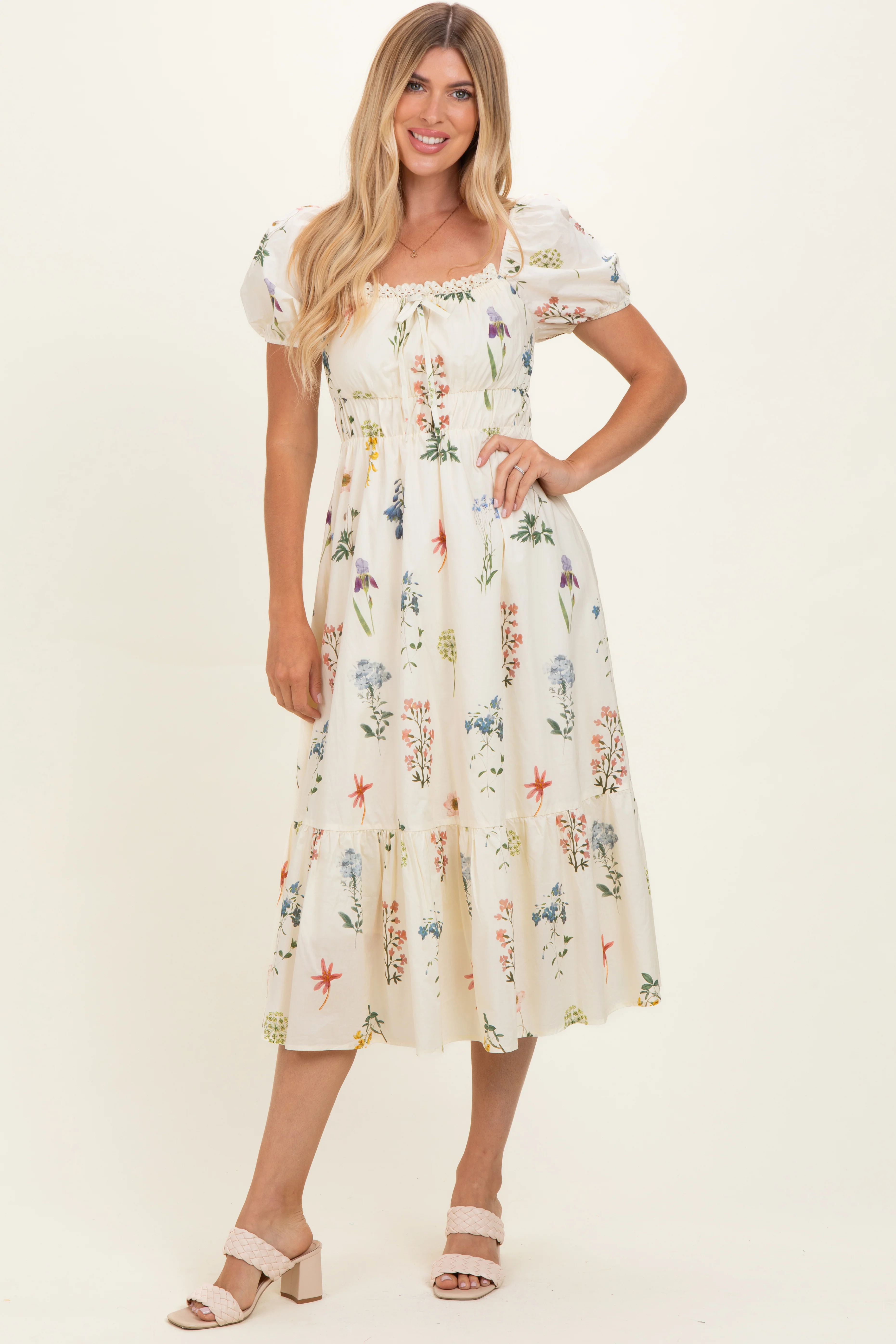 Oatmeal Floral Puff Sleeve Midi Dress