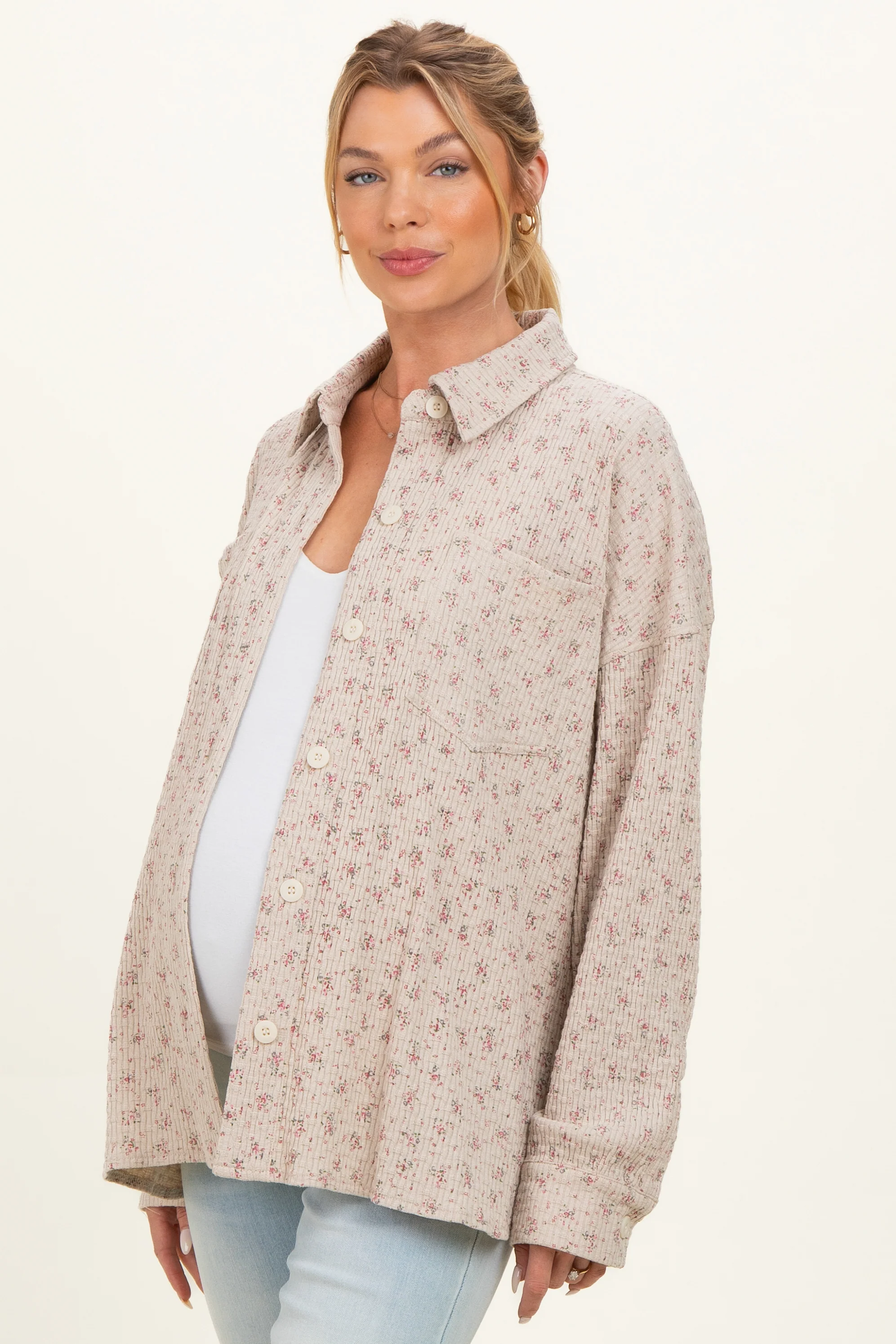 Oatmeal Floral Textured Knit Maternity Shirt Jacket - Image 3