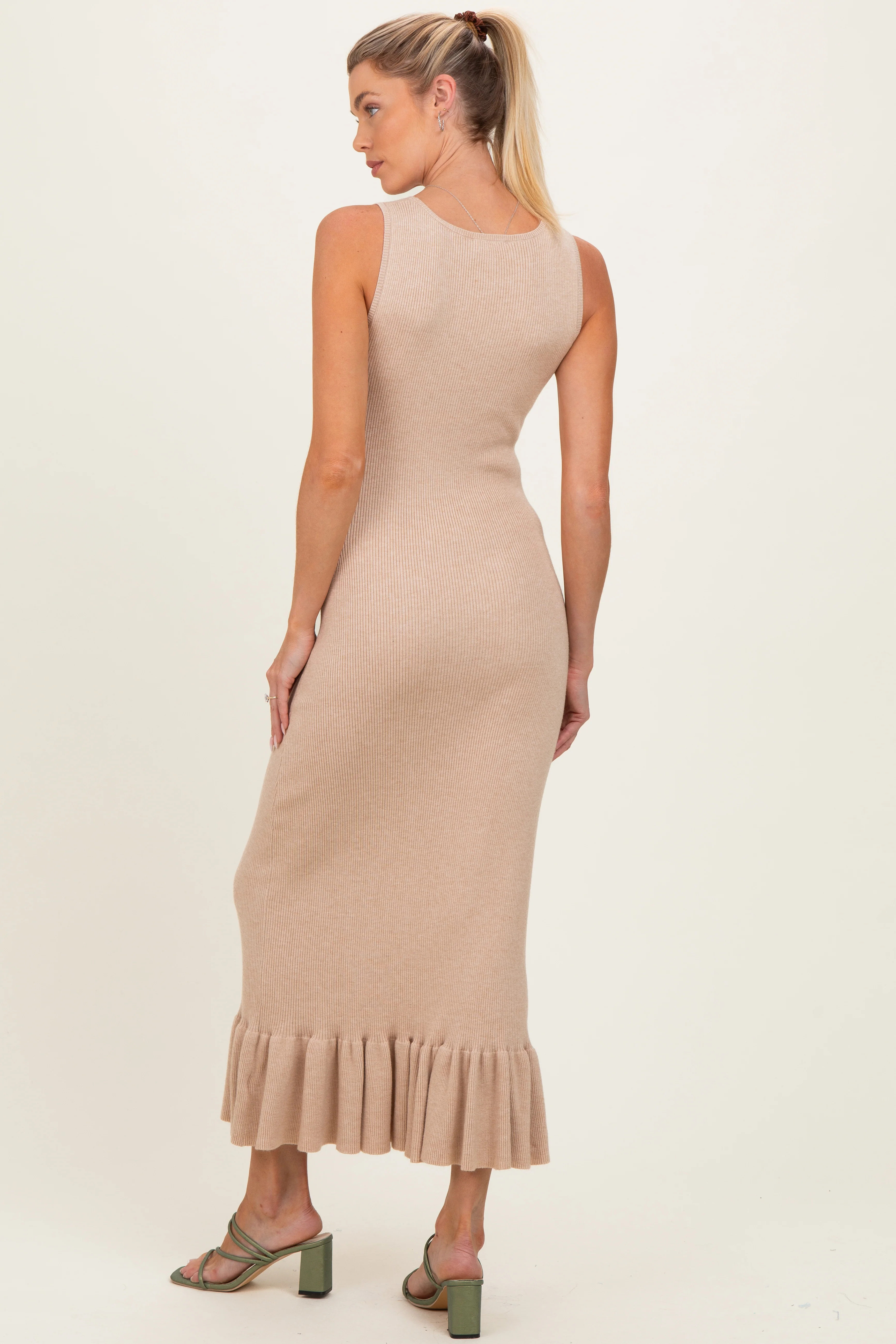Oatmeal Ribbed Knit Sleeveless Ruffle Hem Maternity Maxi Dress - Image 3
