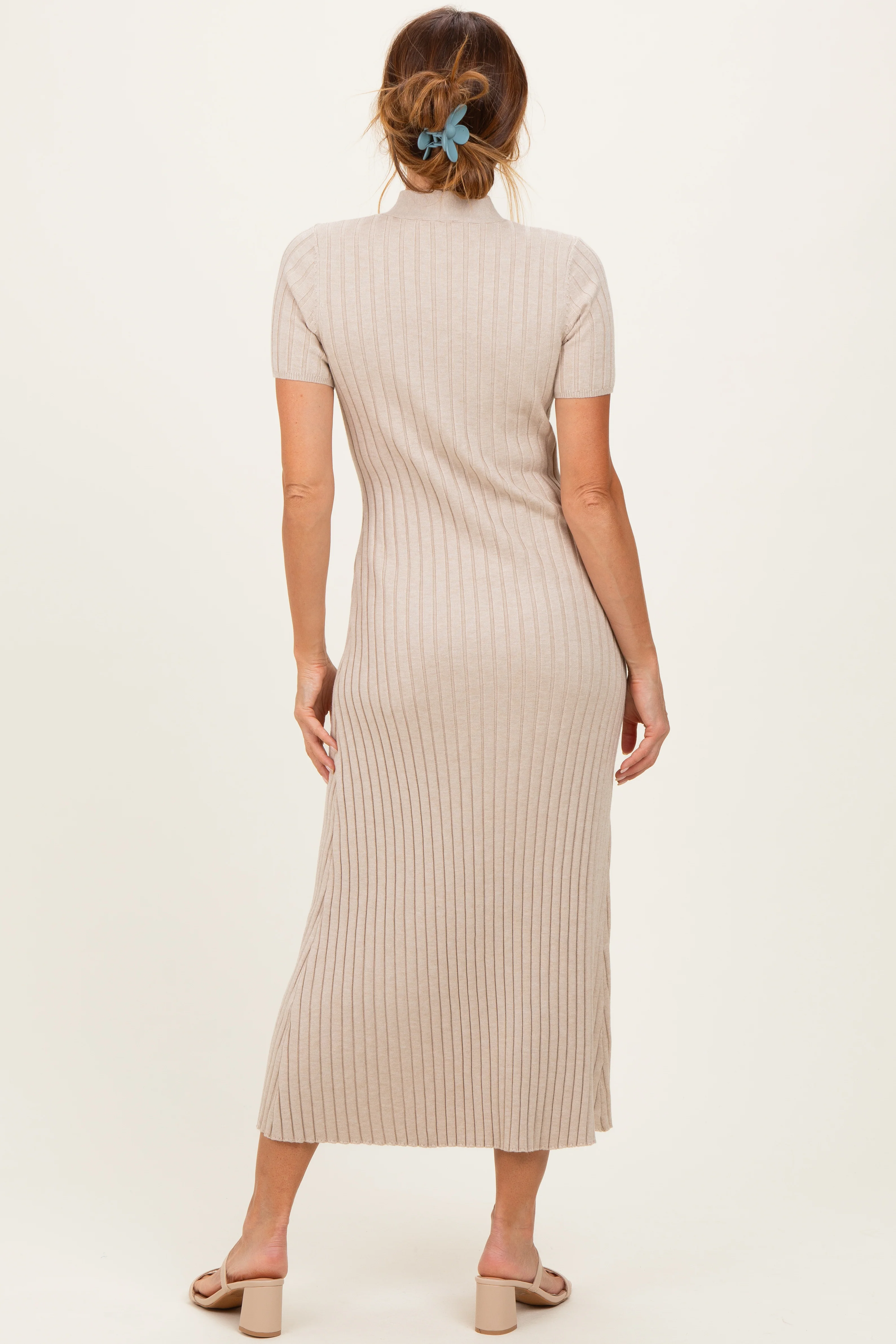 Oatmeal Ribbed Knit Tie Neck Midi Dress - Image 3