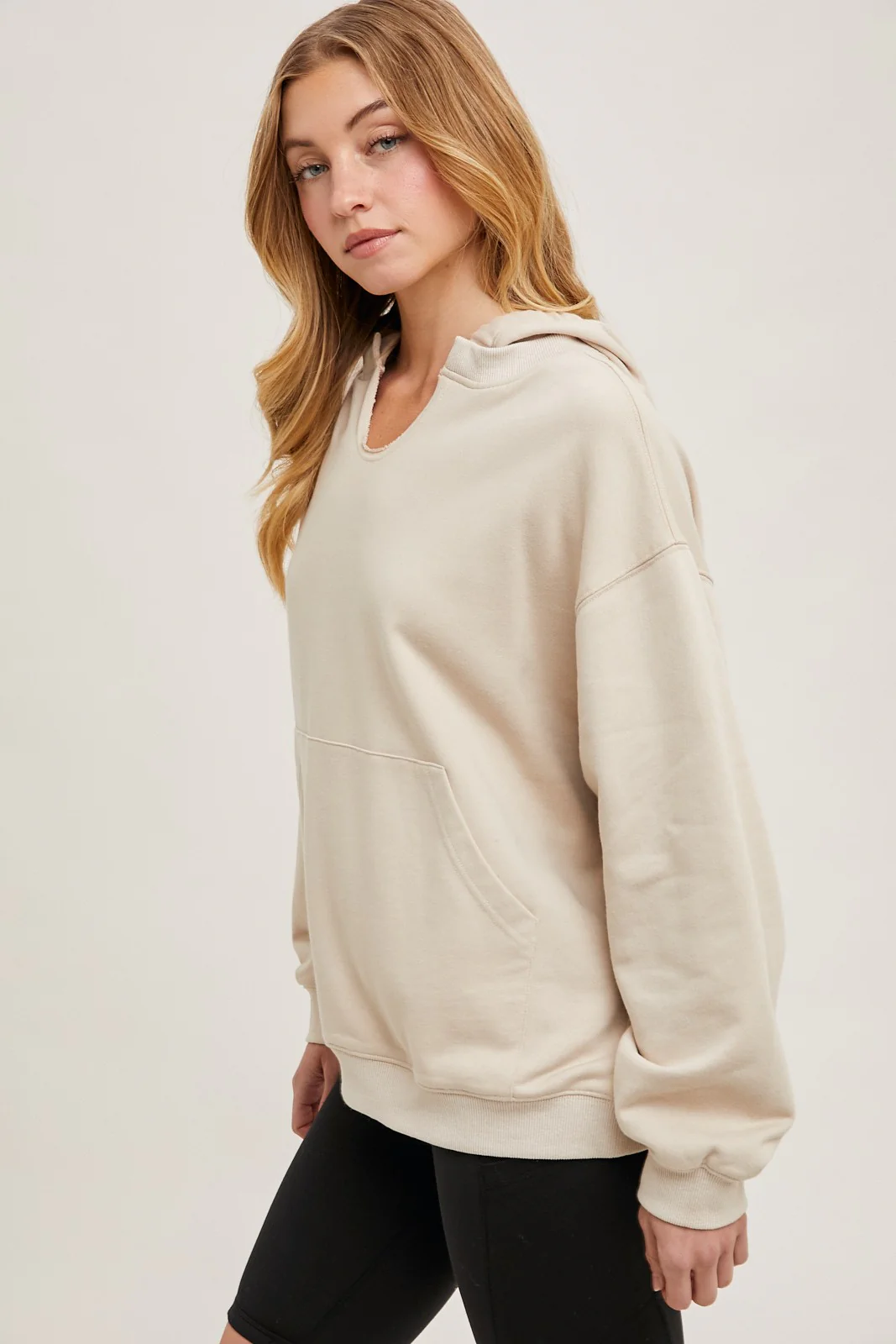 Oatmeal Split Neckline Hoodie - Image 3