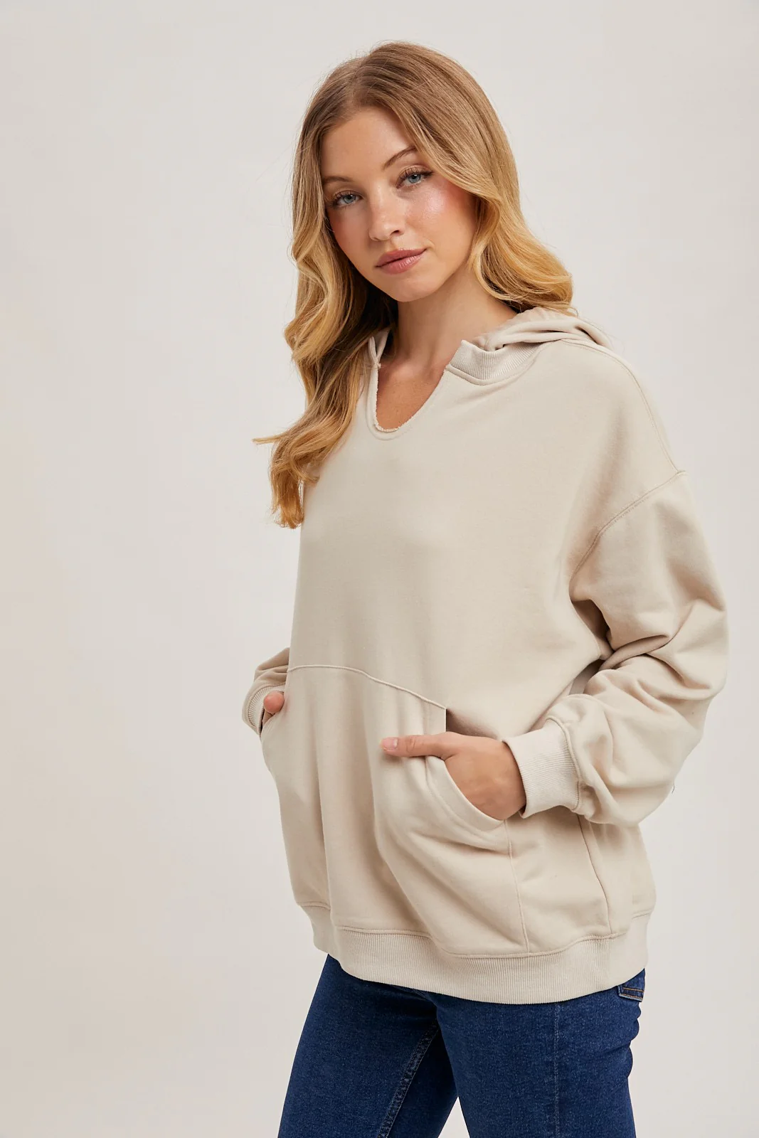 Oatmeal Split Neckline Hoodie - Image 4