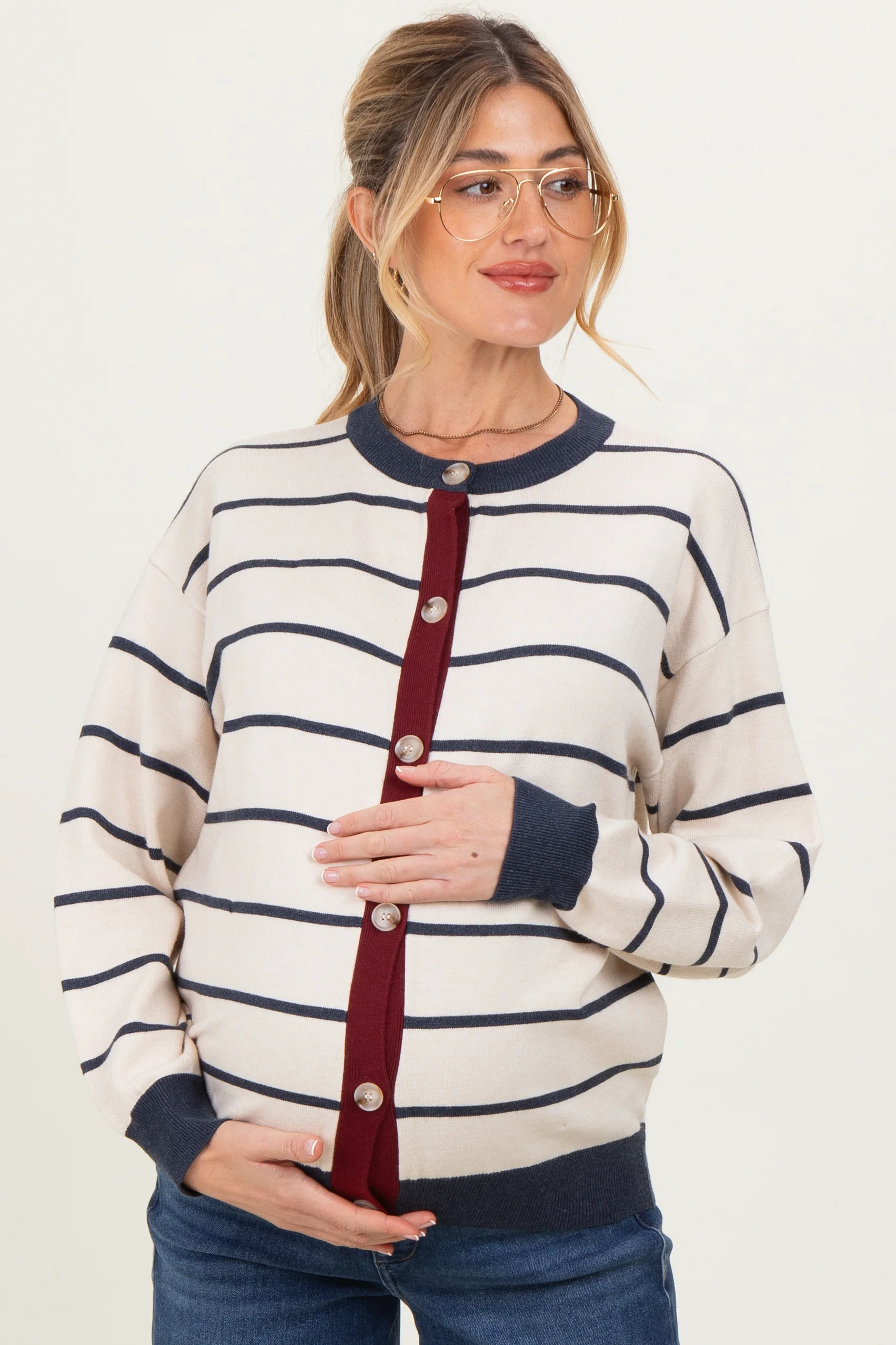 Oatmeal Striped Relaxed Fit Button Maternity Cardigan - Image 2