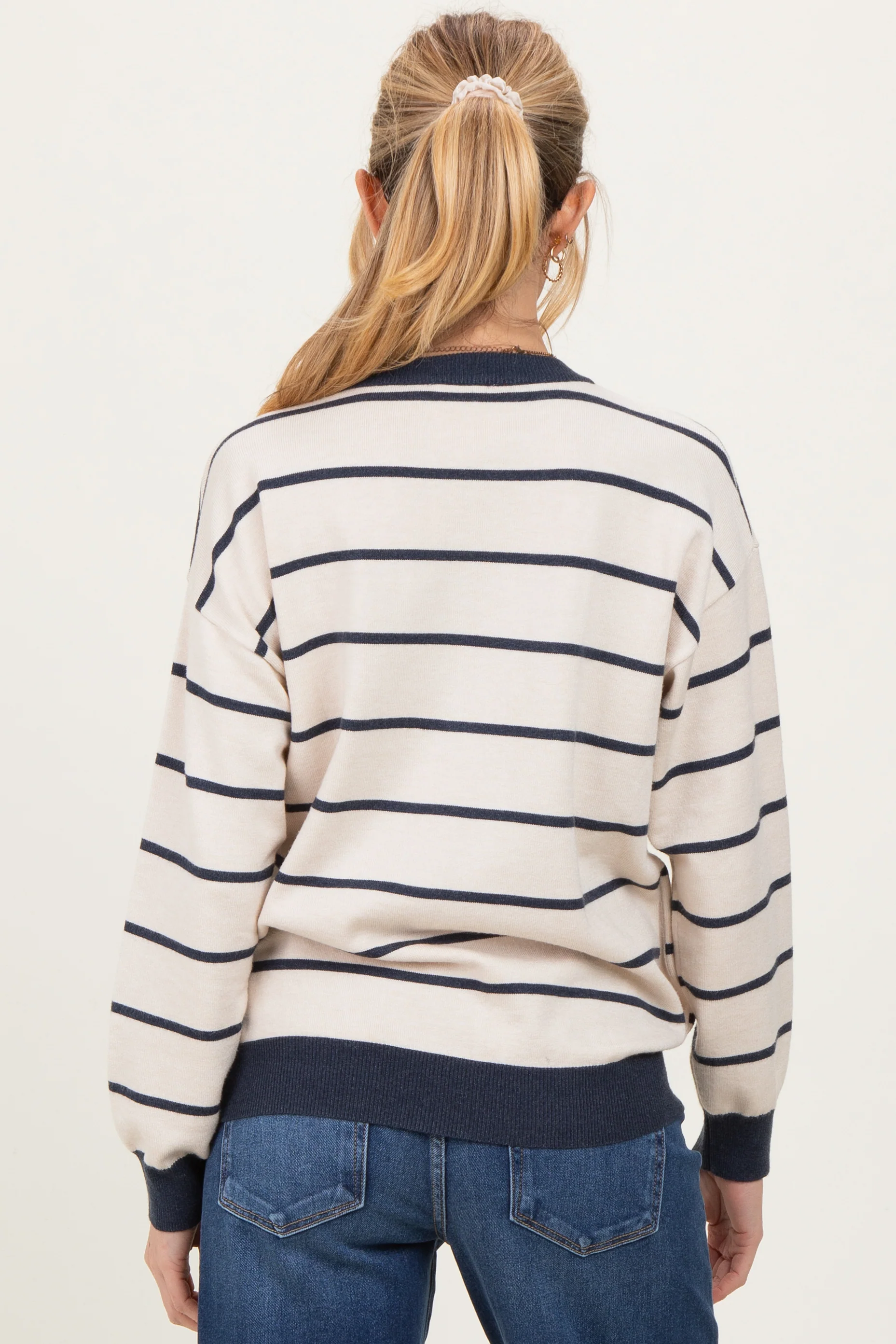 Oatmeal Striped Relaxed Fit Button Maternity Cardigan - Image 4