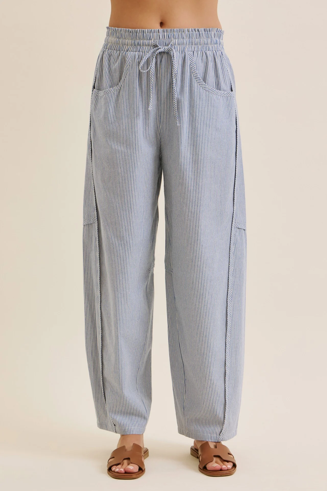 Ocean Blue Striped Cotton Barrel Leg Maternity Pants - Image 6