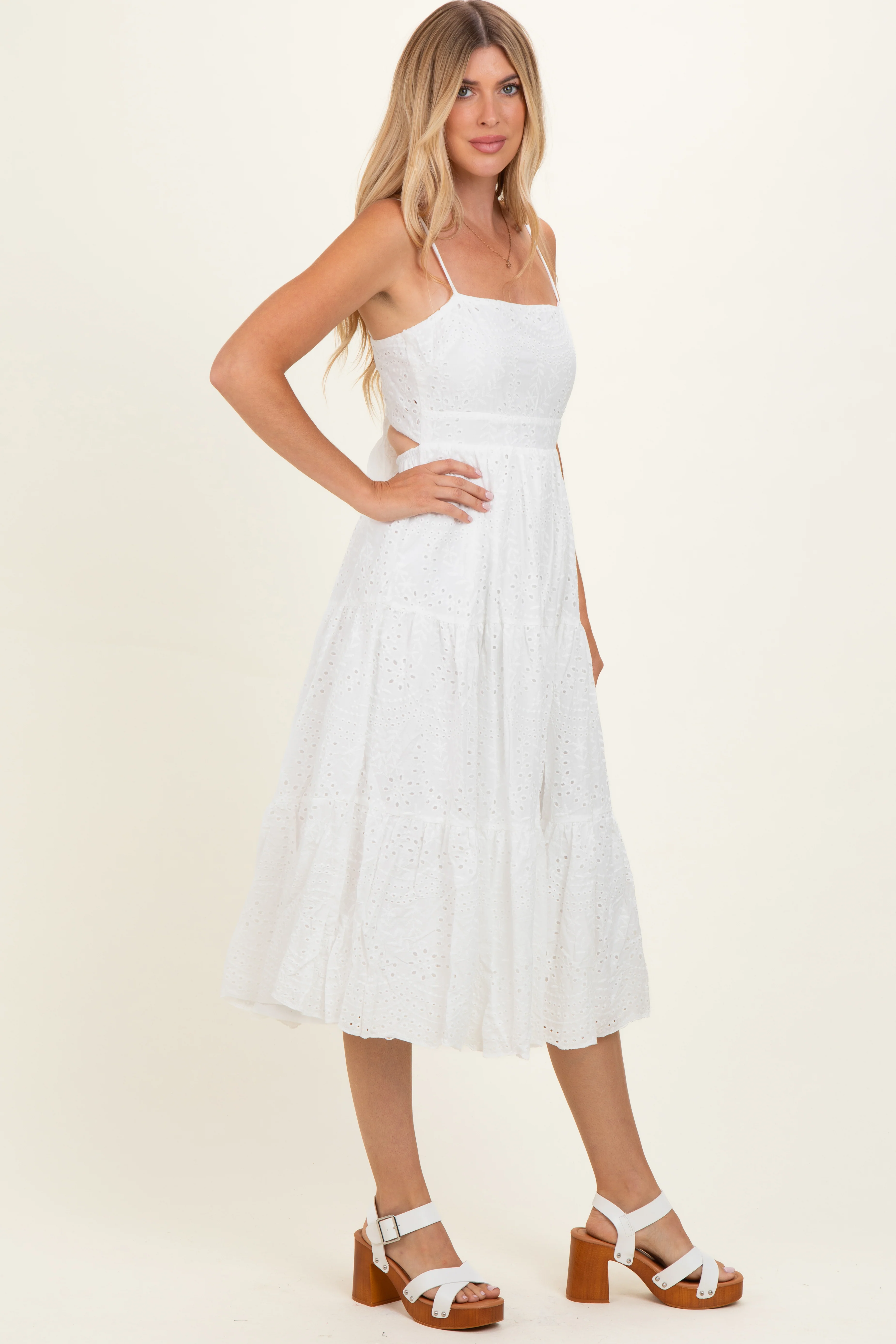 Off White Eyelet Lace Cutout Tie Back Midi Dress - Image 3