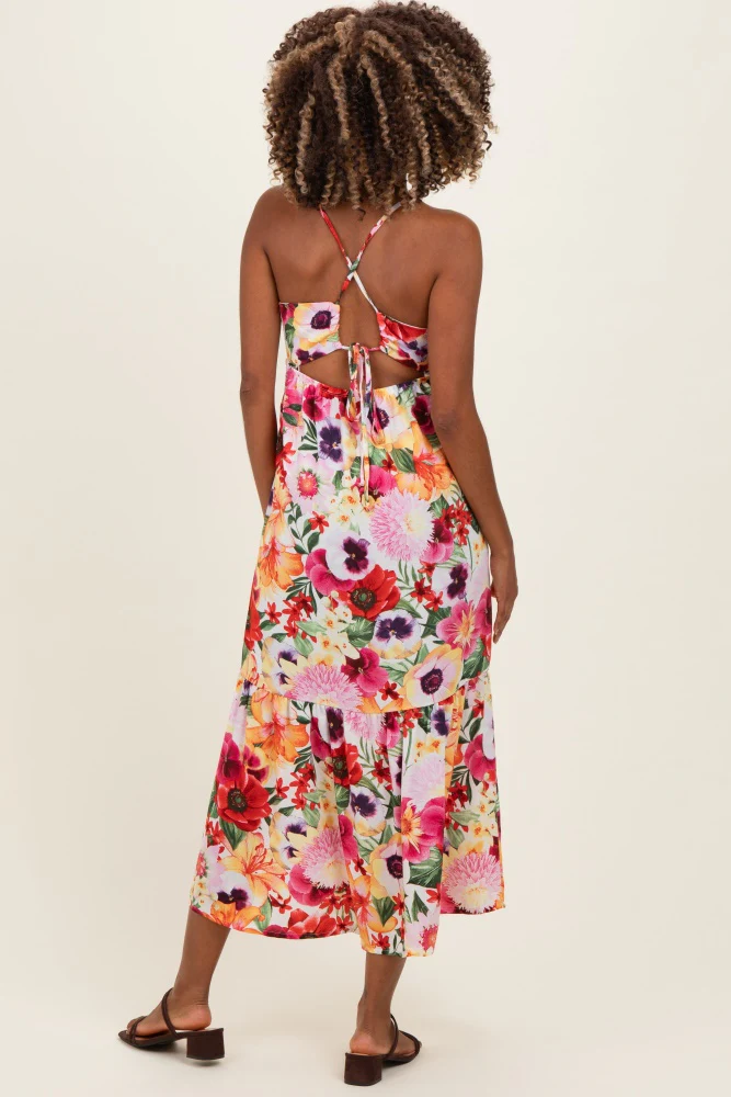 Off White Floral Crisscross Back Maternity Midi Dress - Image 3