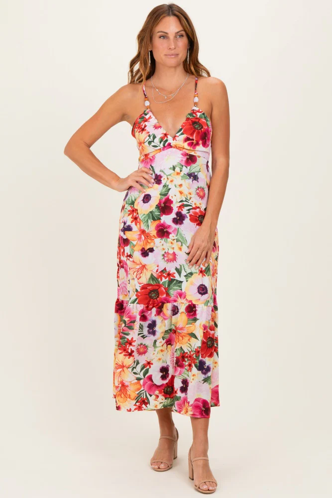 Off White Floral Crisscross Back Maternity Midi Dress - Image 4
