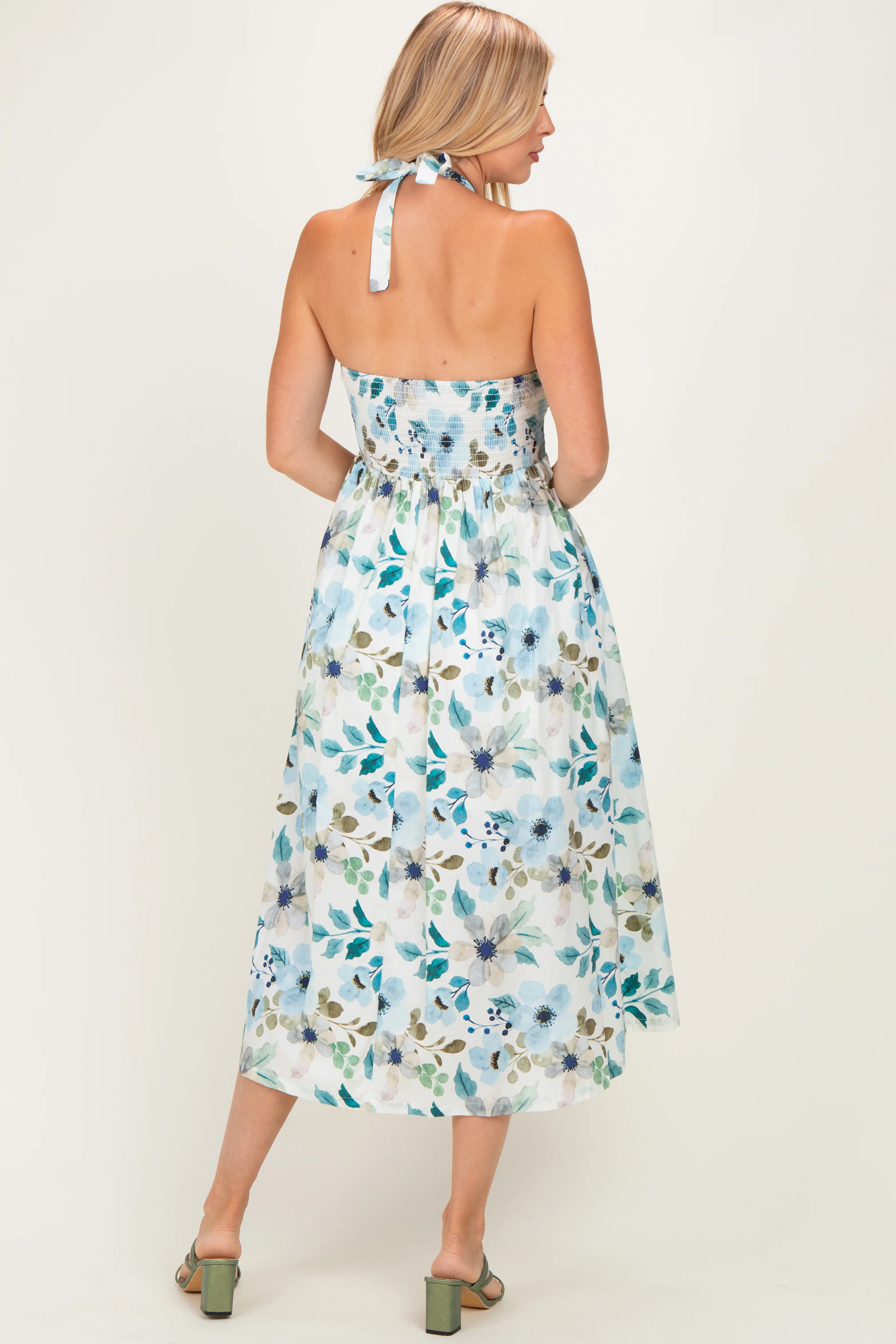 Off White Floral Halter Midi Dress - Image 3