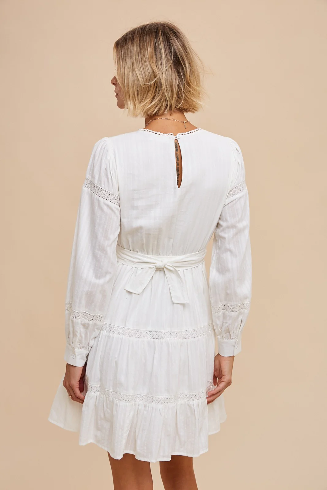 Off White Lace Inlay Long Sleeve Mini Dress - Image 5