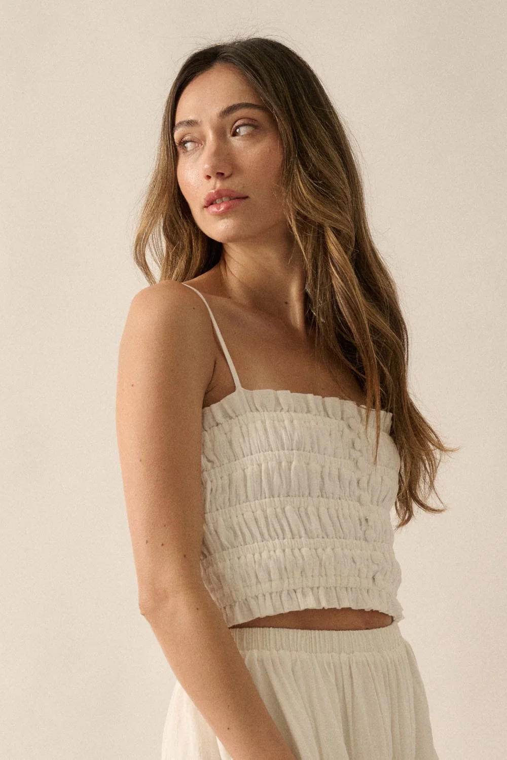 Off White Solid Smocked-Bodice Cropped Cami Top - Image 2