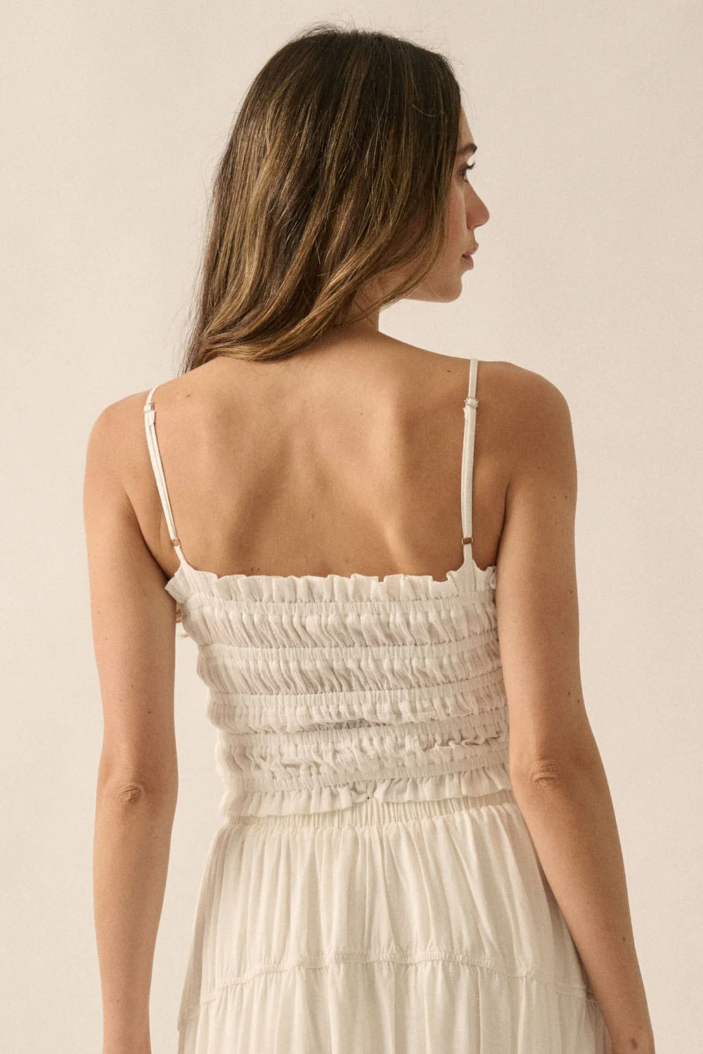 Off White Solid Smocked-Bodice Cropped Cami Top - Image 3