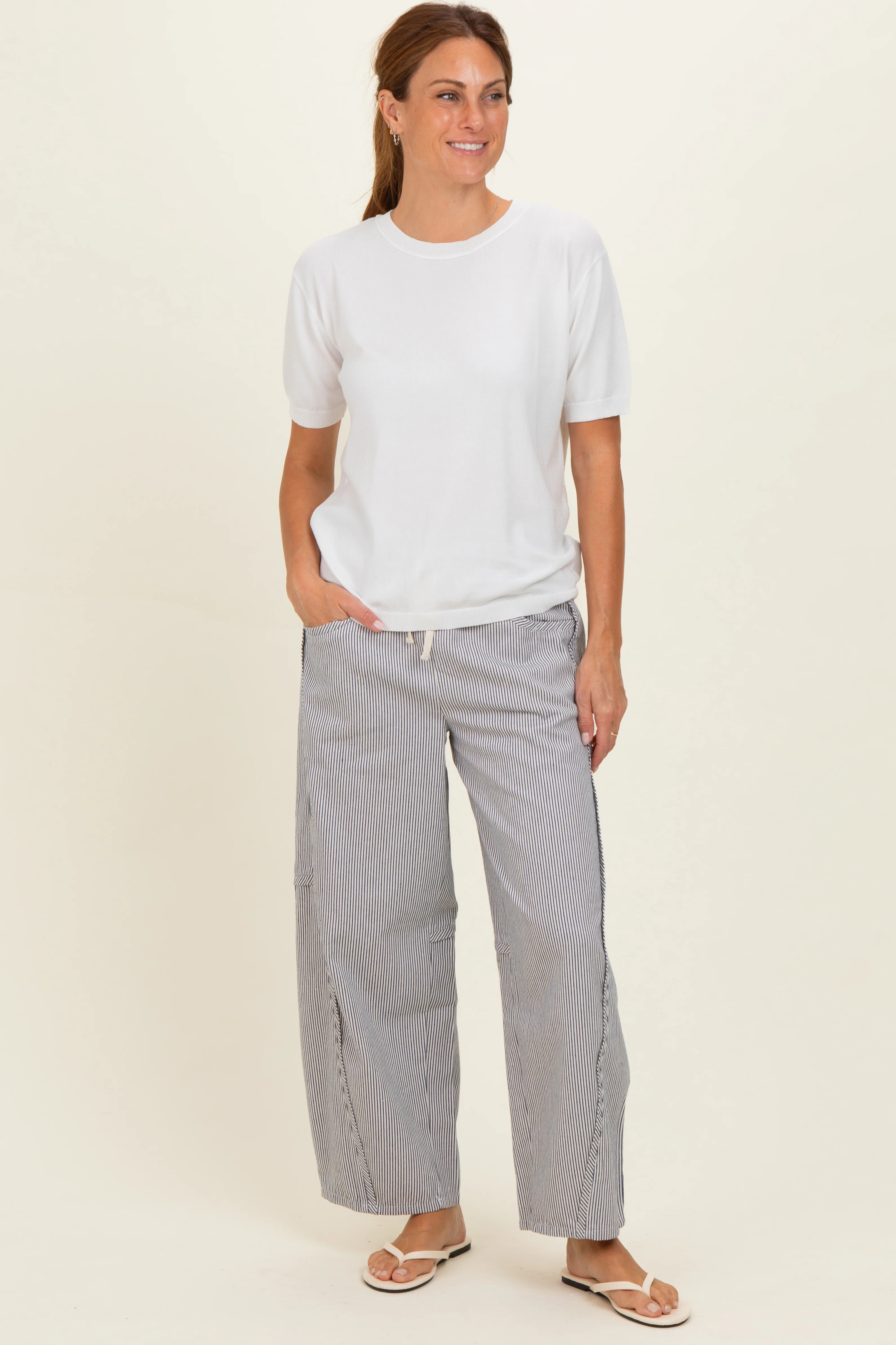 Off White Striped Relaxed Fit Maternity Pants - Image 5