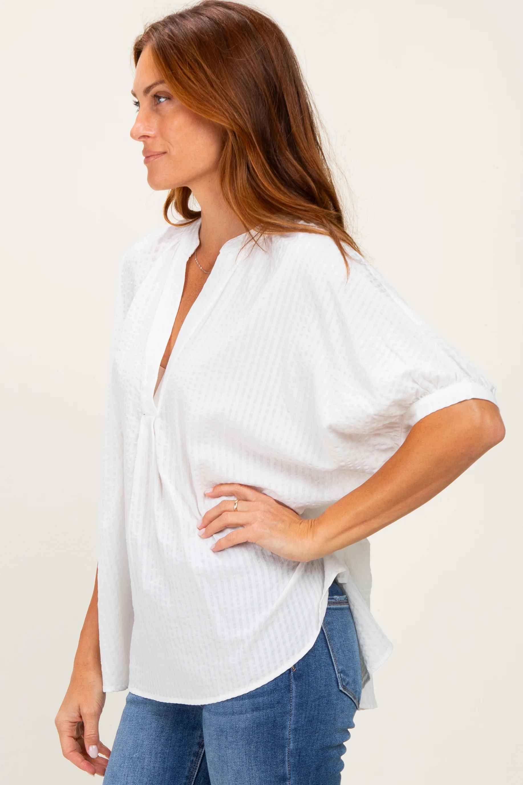Off White Textured Stripe Oversized Blouse - Image 3